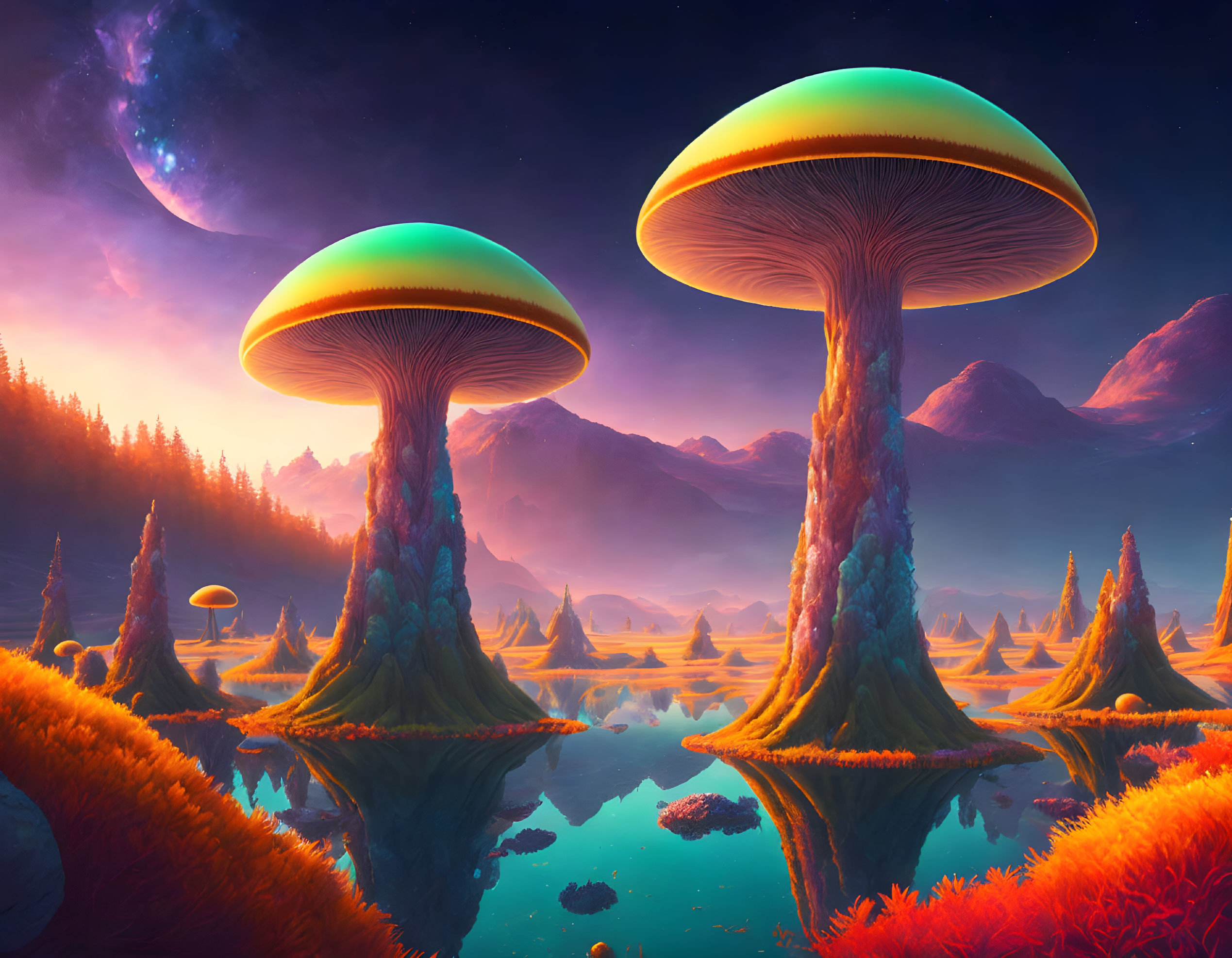 Colorful fantasy landscape with oversized mushrooms, reflective river, mountains, and moonlit sky