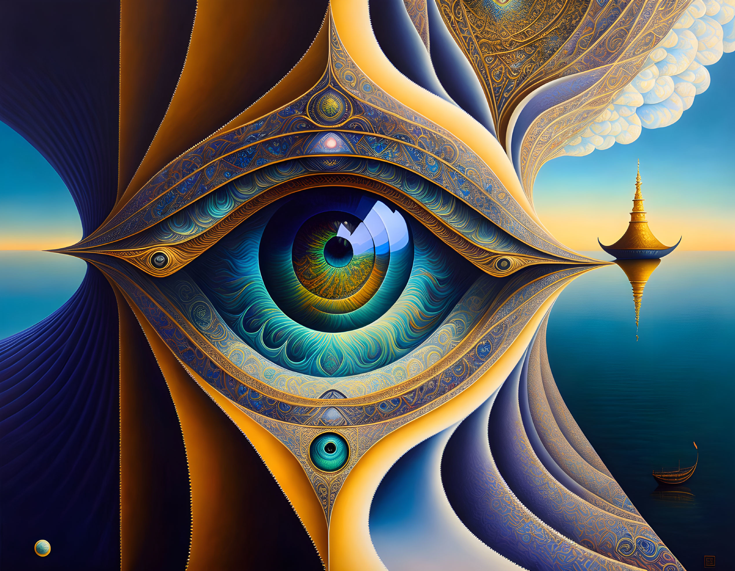 Surreal digital artwork with eye-centric design and paisley patterns