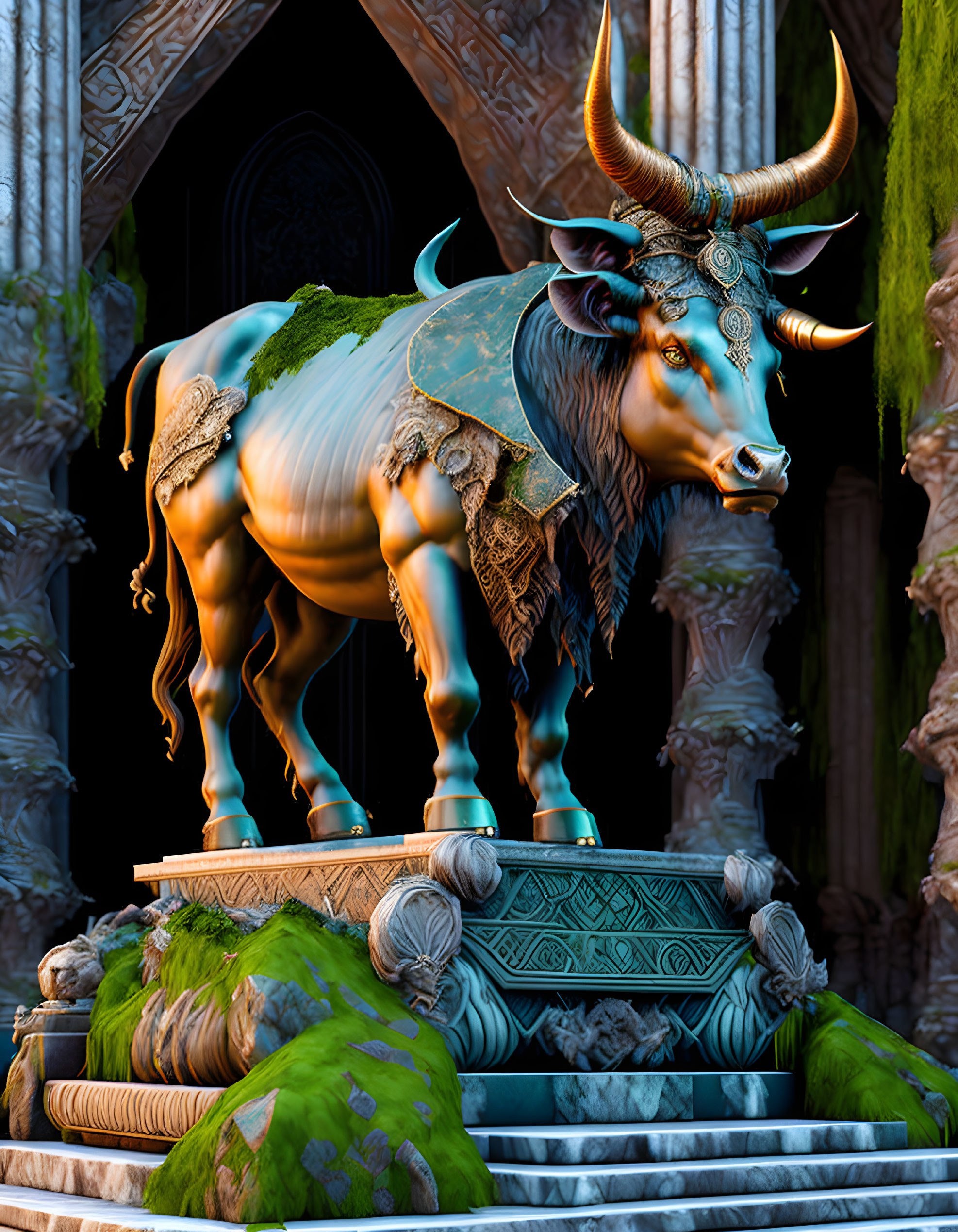 Glowing horned bull statue on Greek-style pedestal in lush garden