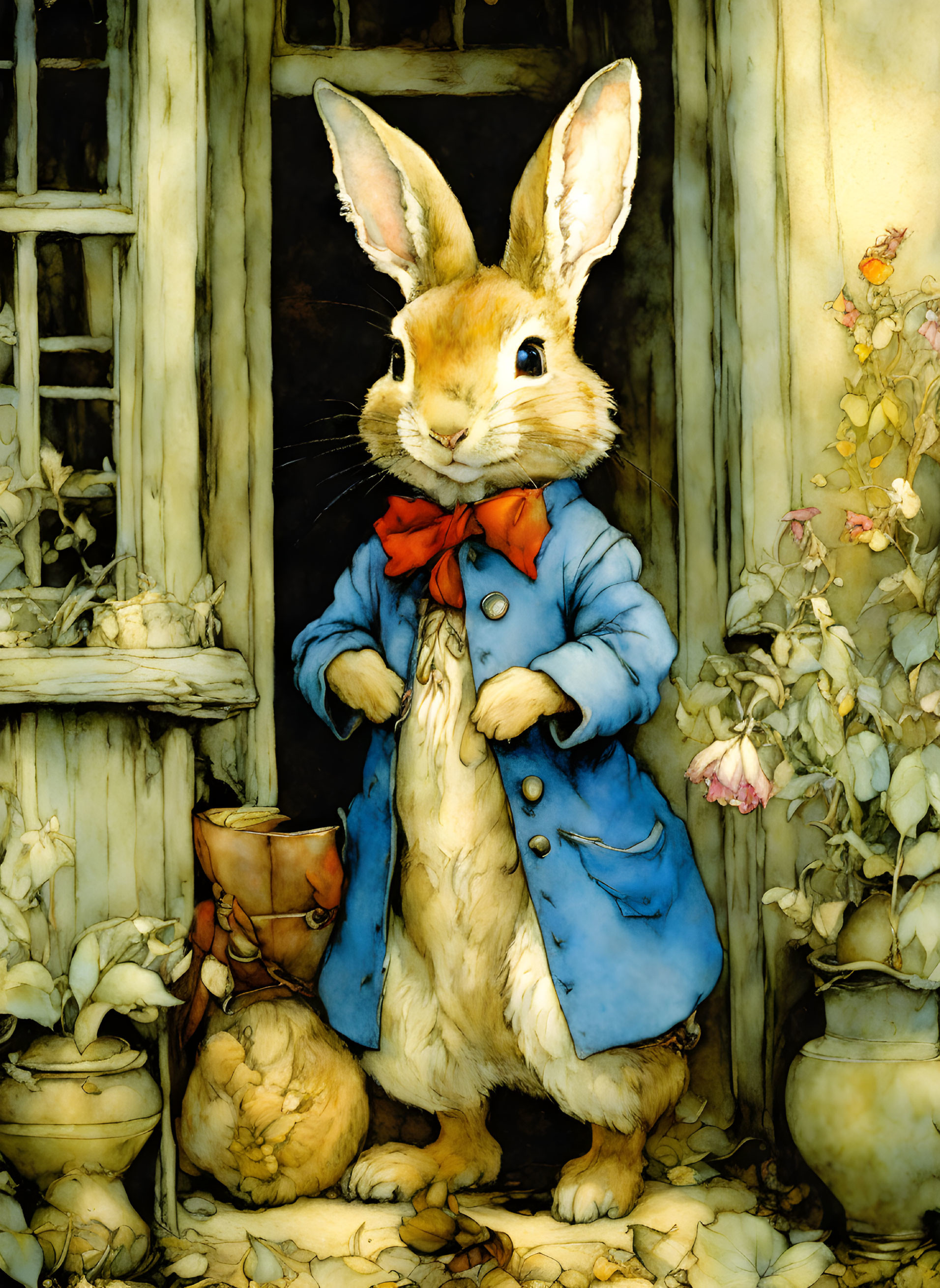 Anthropomorphic rabbit in blue coat by wooden door with flower vines