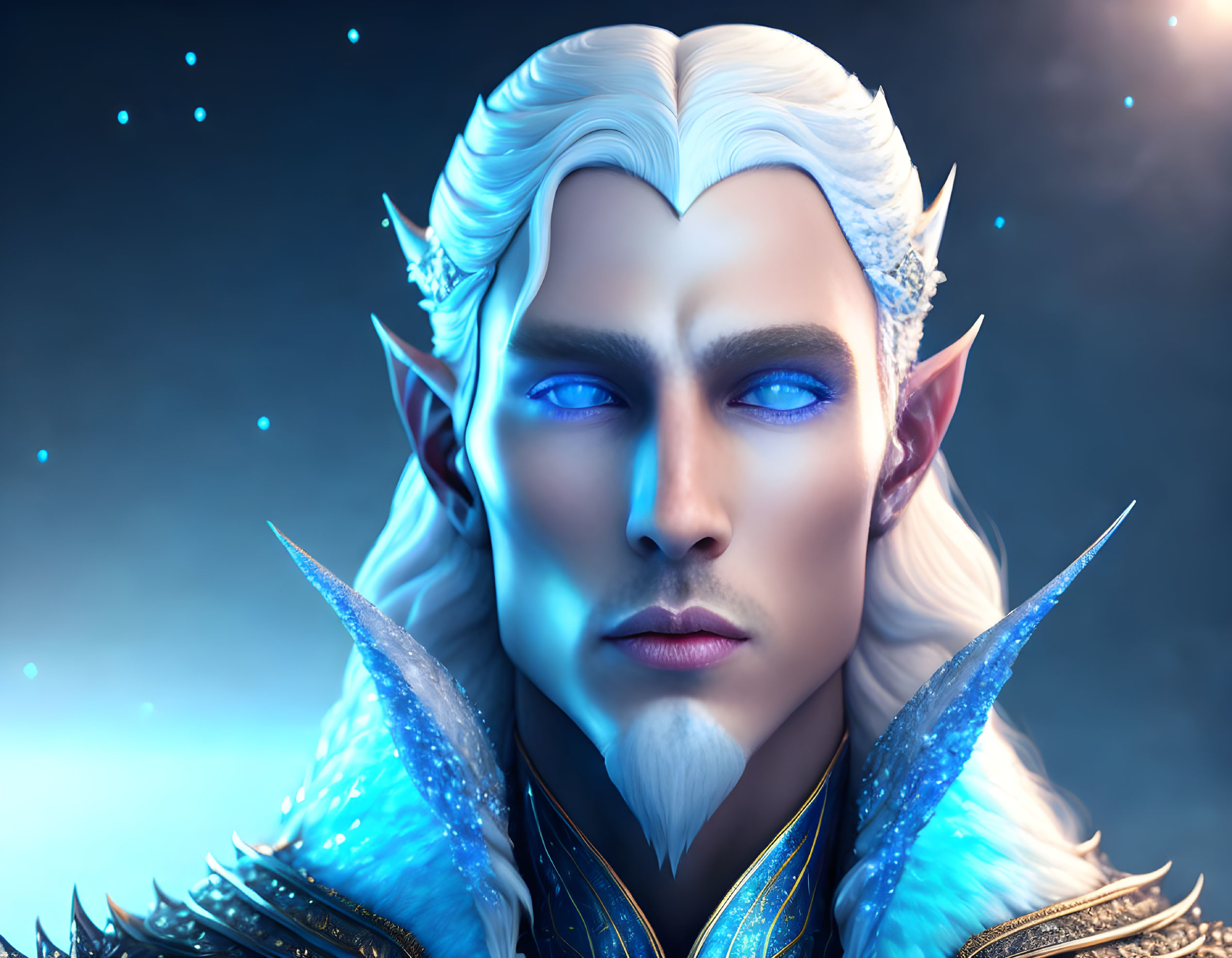 Fantasy elf digital art with blue eyes, white hair, and crystalline armor