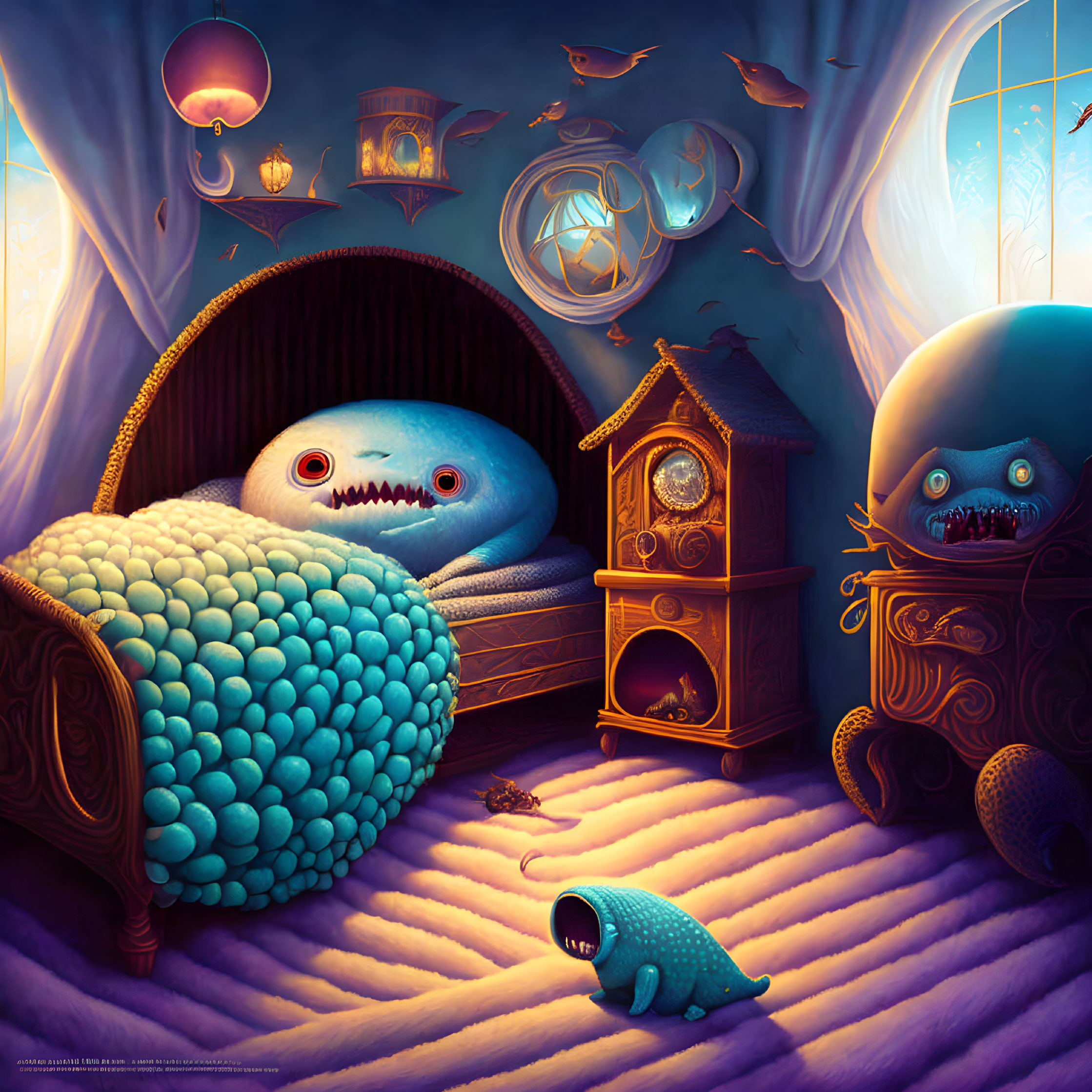 Fantastical room with whimsical monster-like creatures