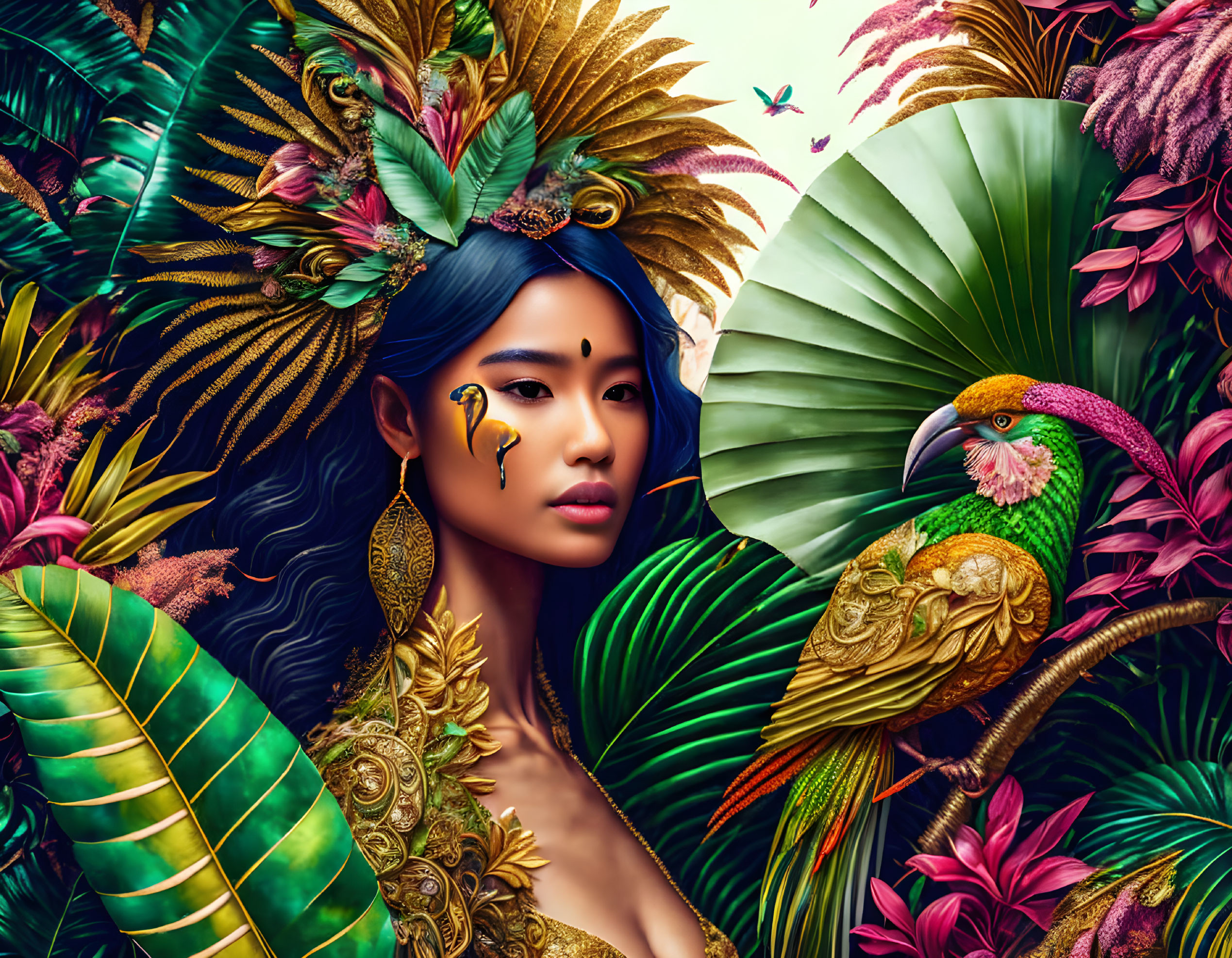 Woman in Tropical Headdress Surrounded by Parrot, Butterflies, and Foliage