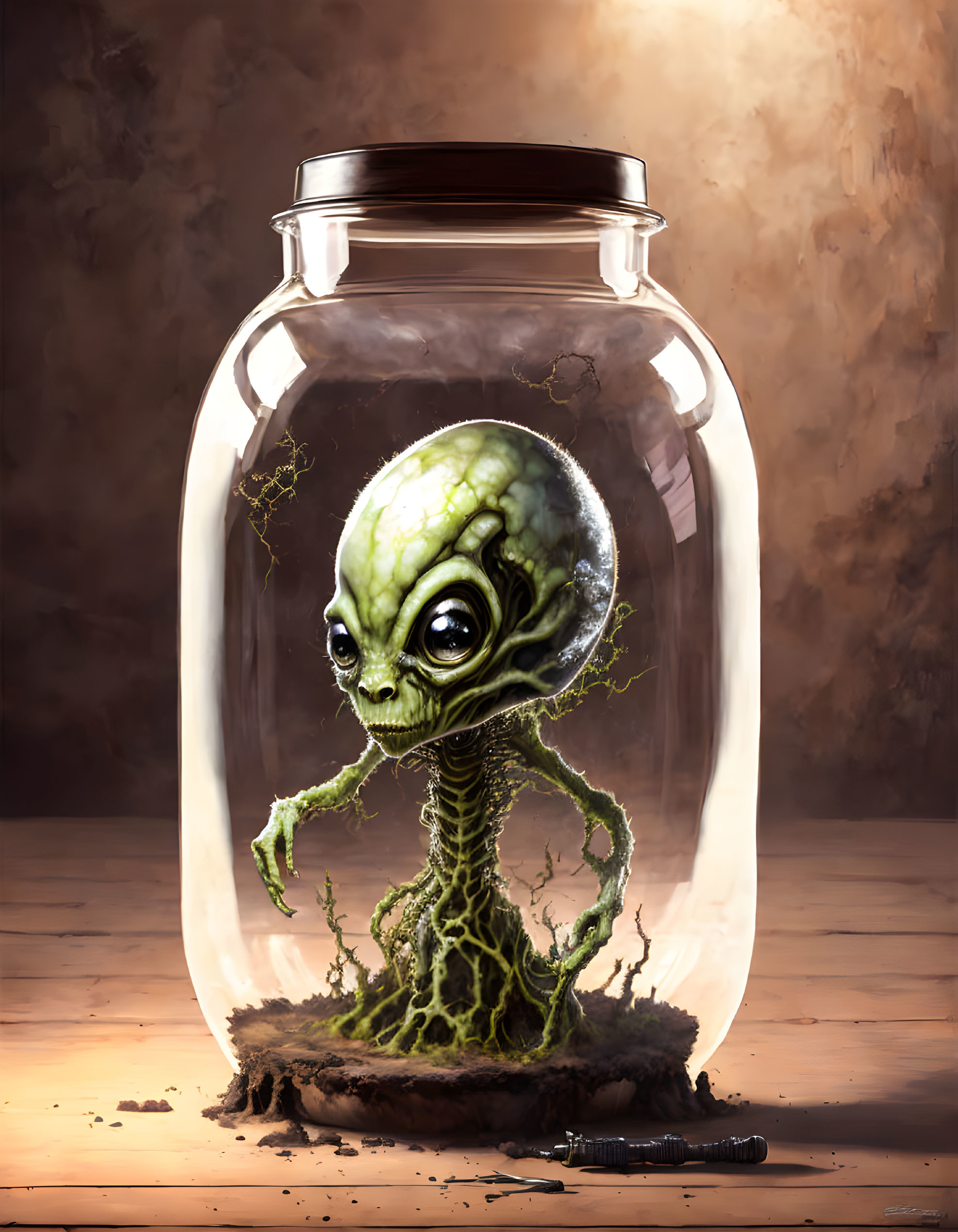 Fantastical green alien head in glass jar on wooden surface