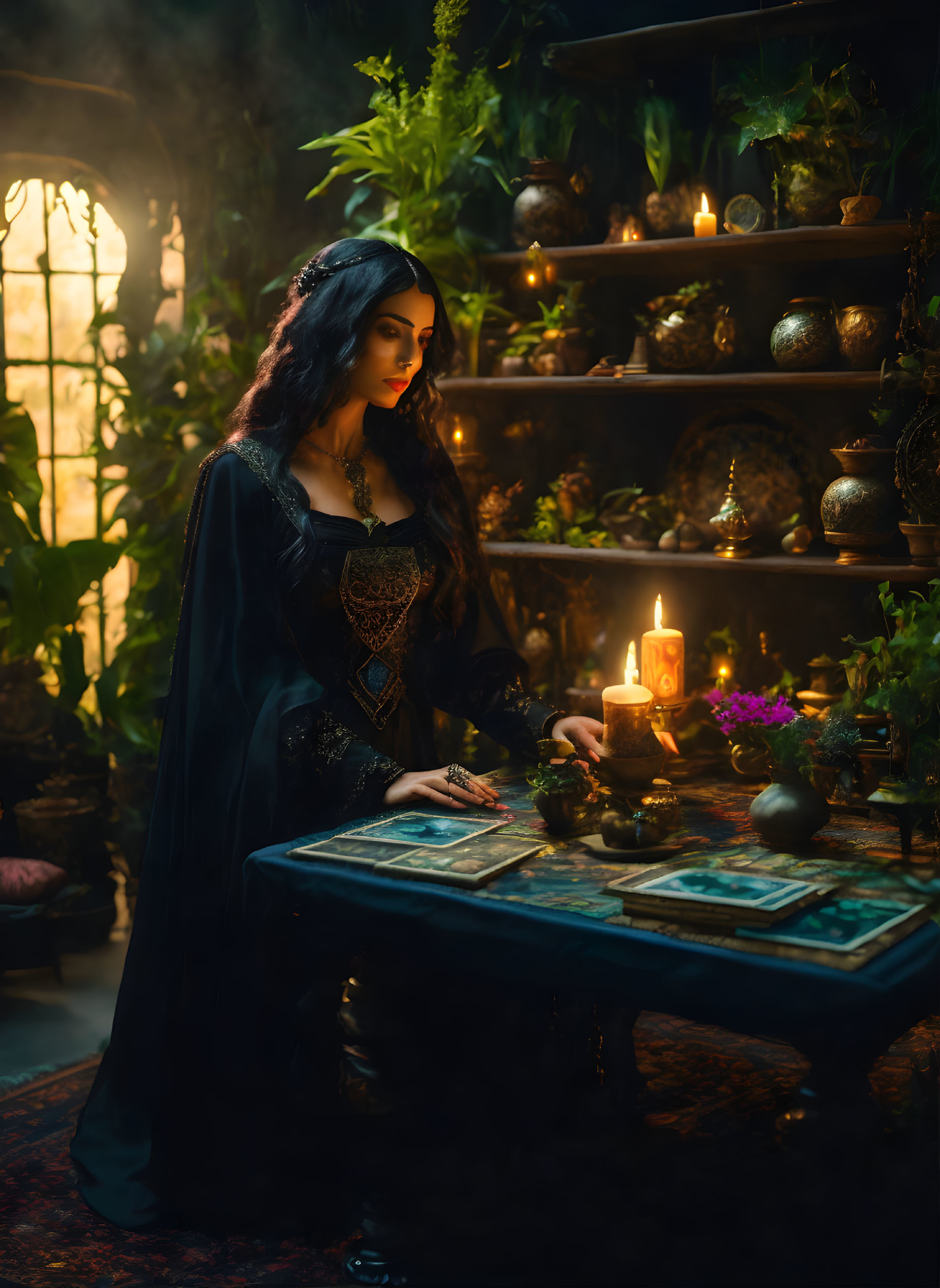 Medieval-style dressed woman in mystical ambiance with candlelit table.