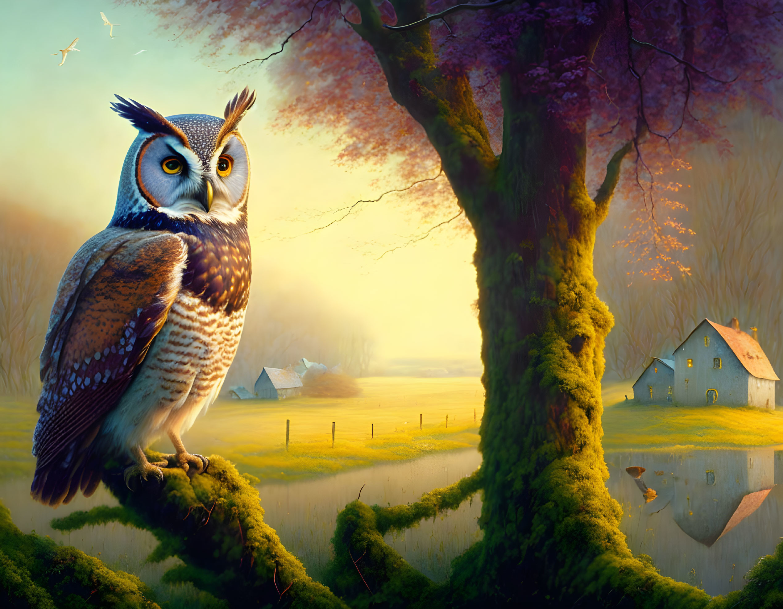 Owl perched on mossy branch in serene sunset landscape