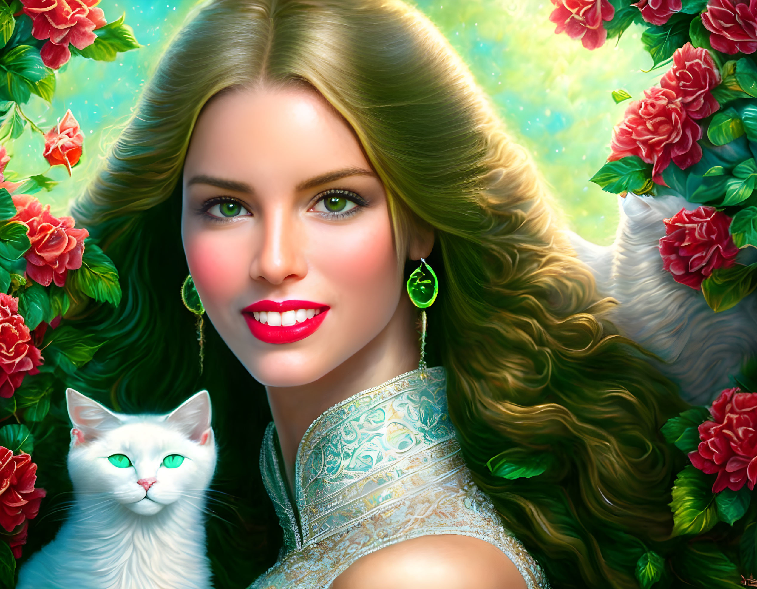 Smiling woman with long wavy hair and white cat in digital artwork