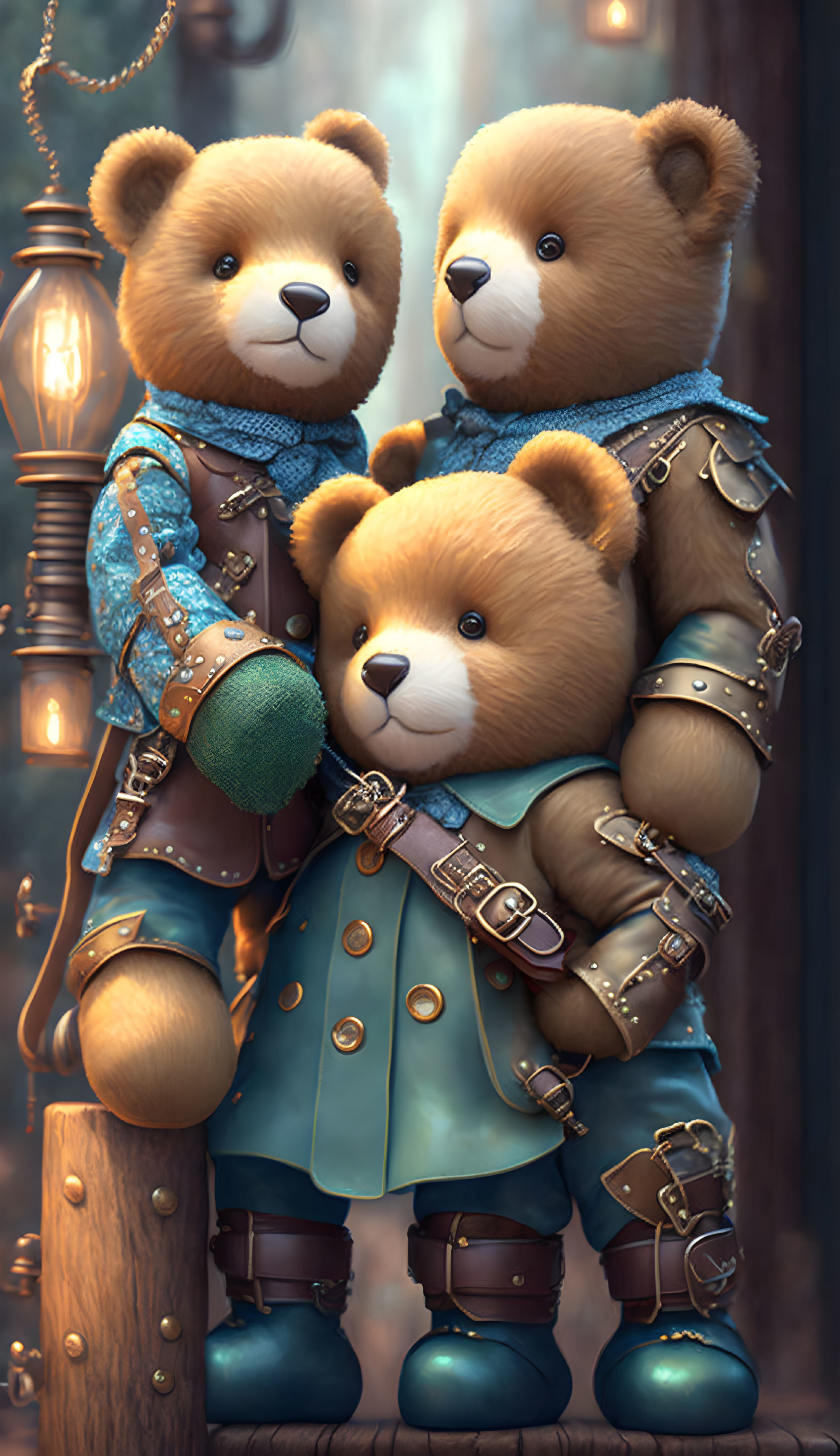 Three Teddy Bears in Medieval Armor with Vintage Lantern