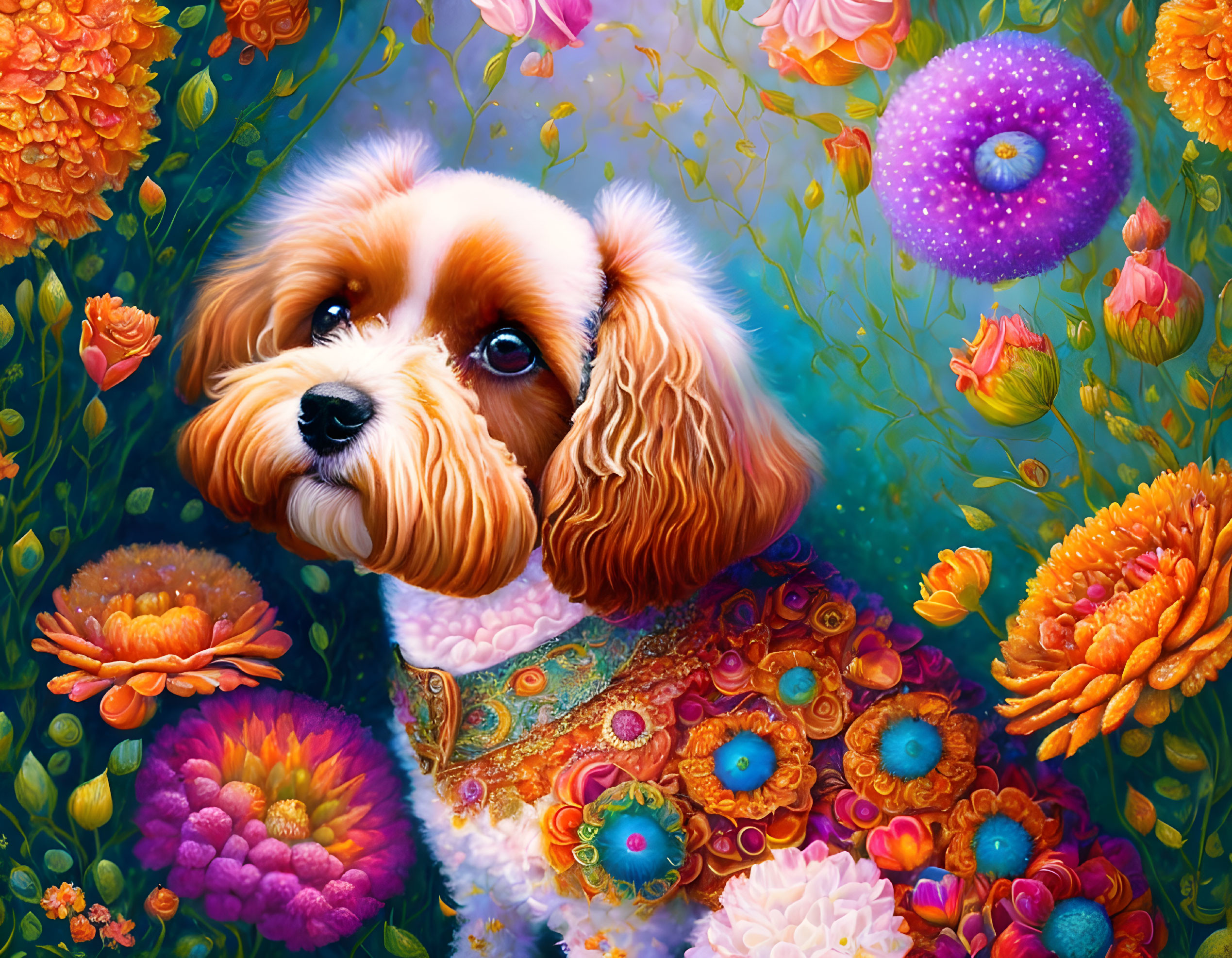 Vibrant dog illustration with expressive eyes and floral patterns