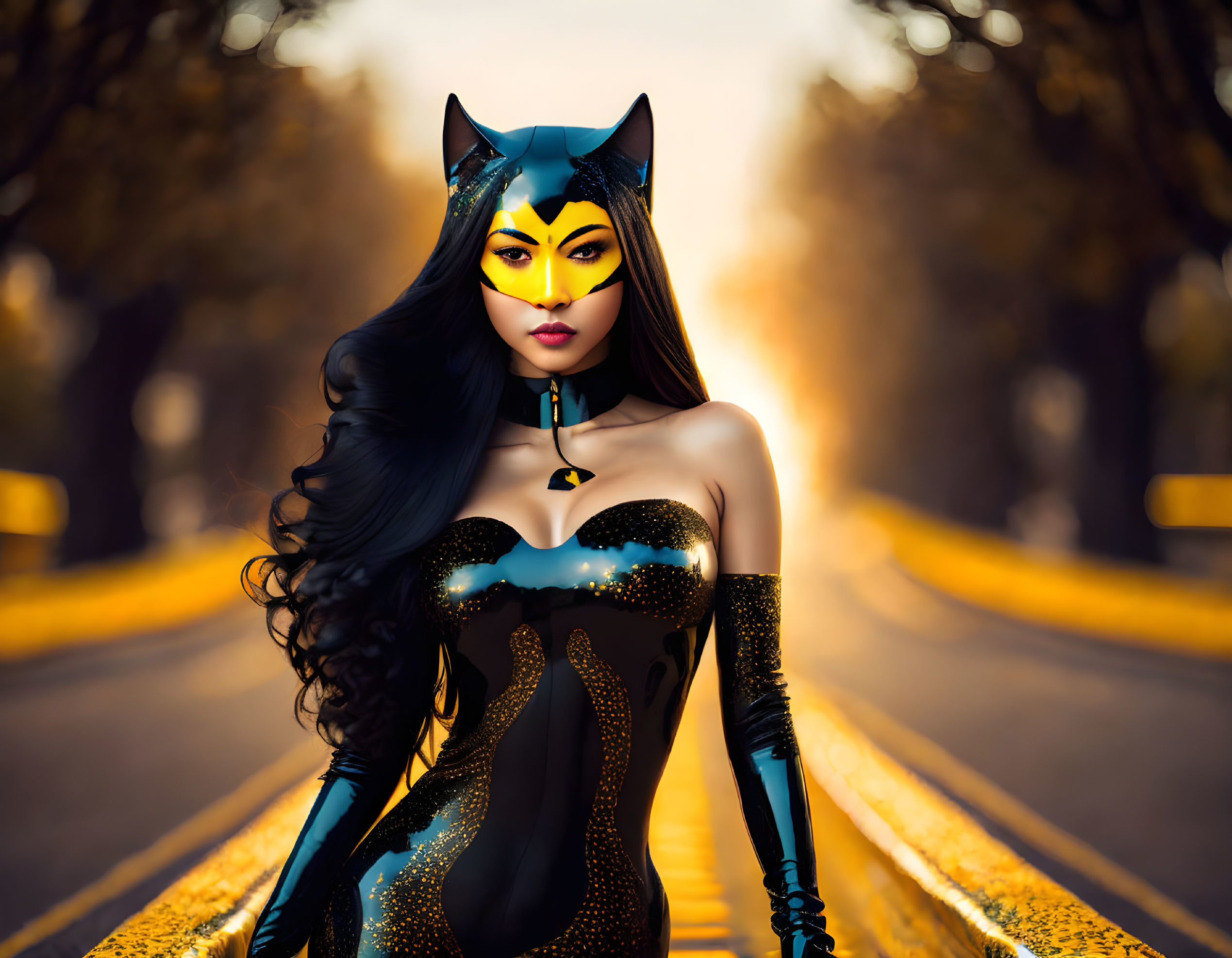 Woman in Cat-Themed Superhero Costume on Autumn Road