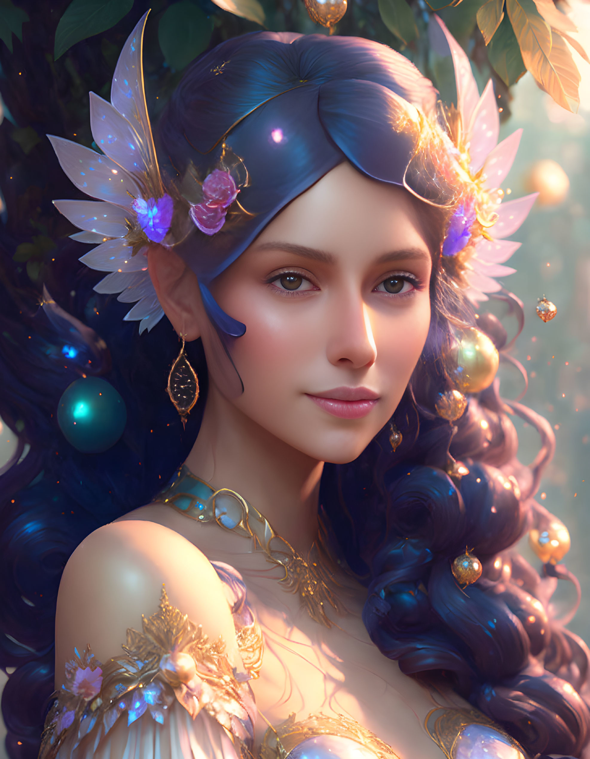 Fantasy illustration of woman with blue hair and elfin ears in nature setting