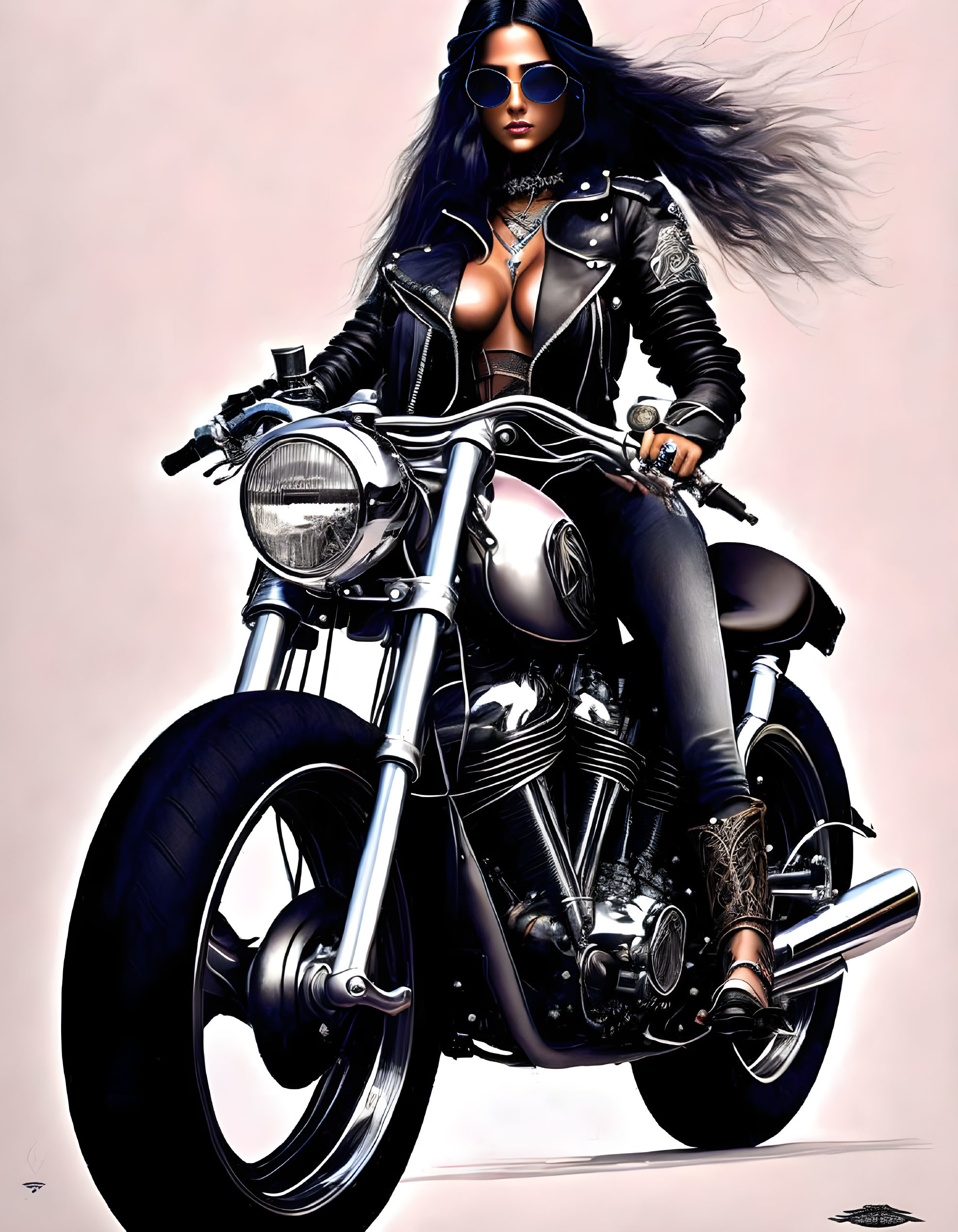 Stylized illustration of woman with long hair on classic motorcycle