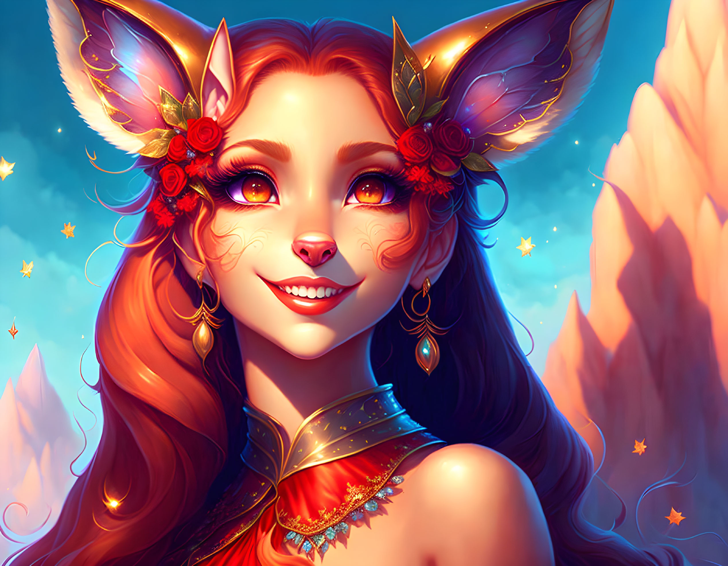 Smiling anthropomorphic fox with flowers and jewelry in scenic landscape