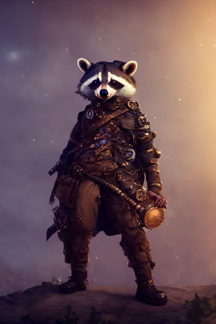 Steampunk-style anthropomorphic raccoon against starry sky