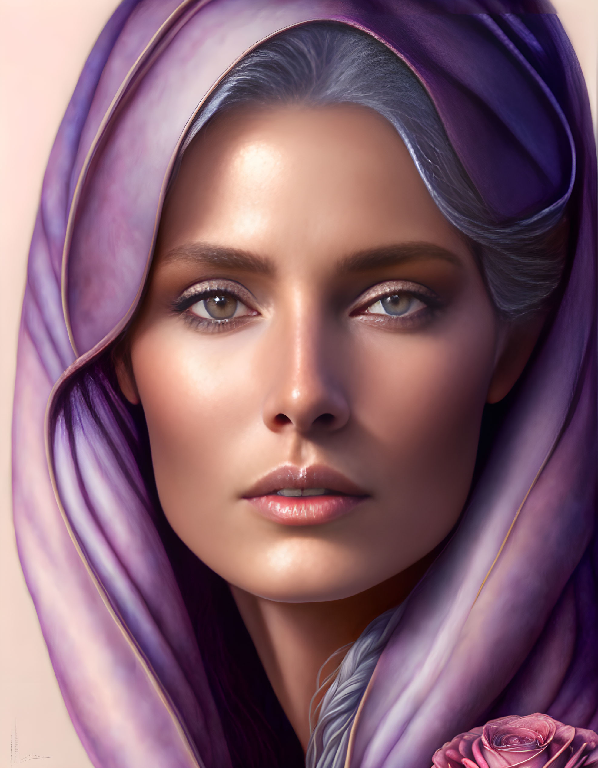 Digital portrait of woman with blue eyes in purple headscarf and pink rose.