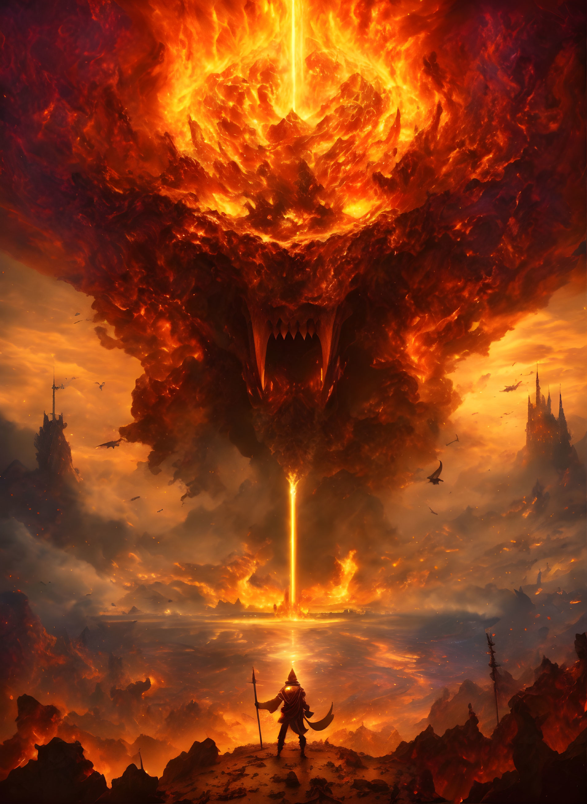 Fiery dragon and lone figure in apocalyptic landscape