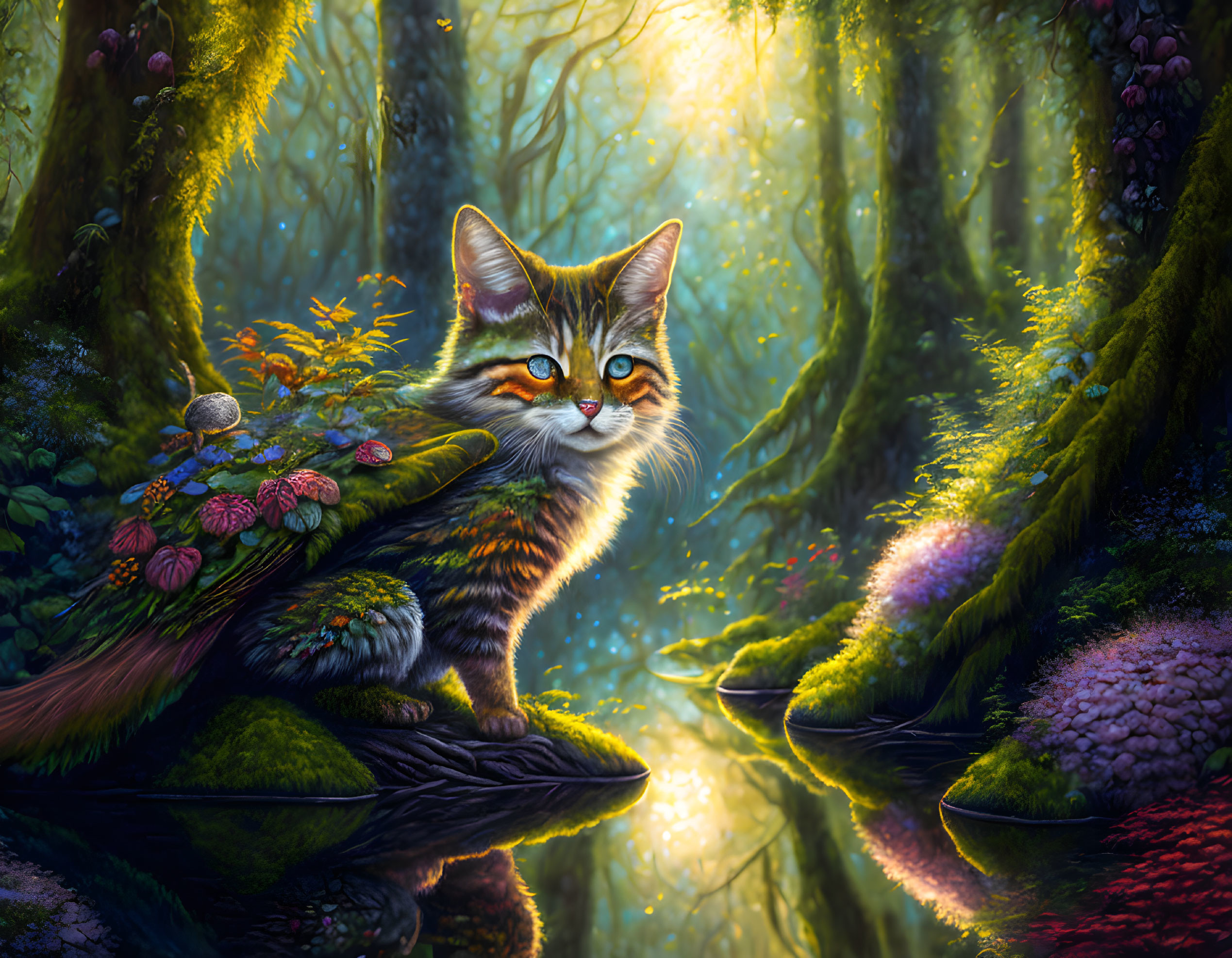 Colorful digital art: Cat with striking eyes in magical forest setting