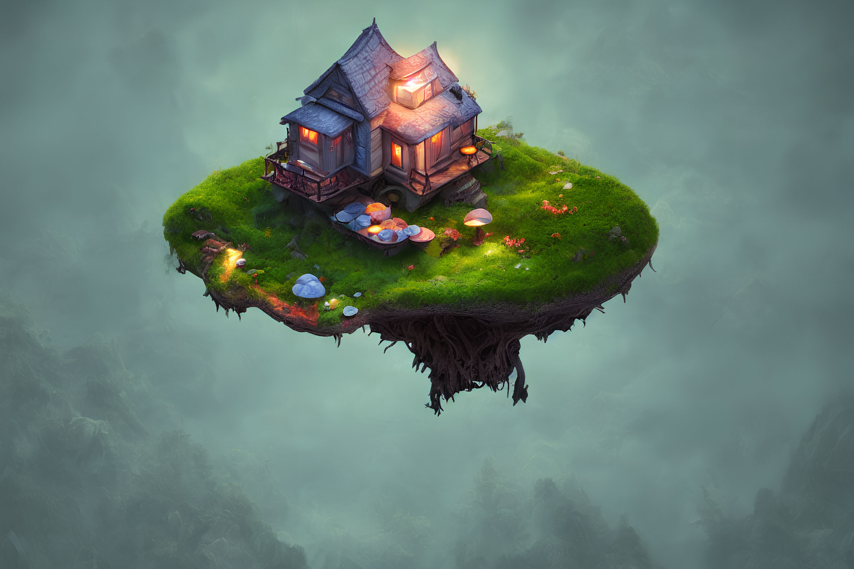 Floating island with cozy house, green lawn, stepping stones, and colorful mushrooms in misty setting