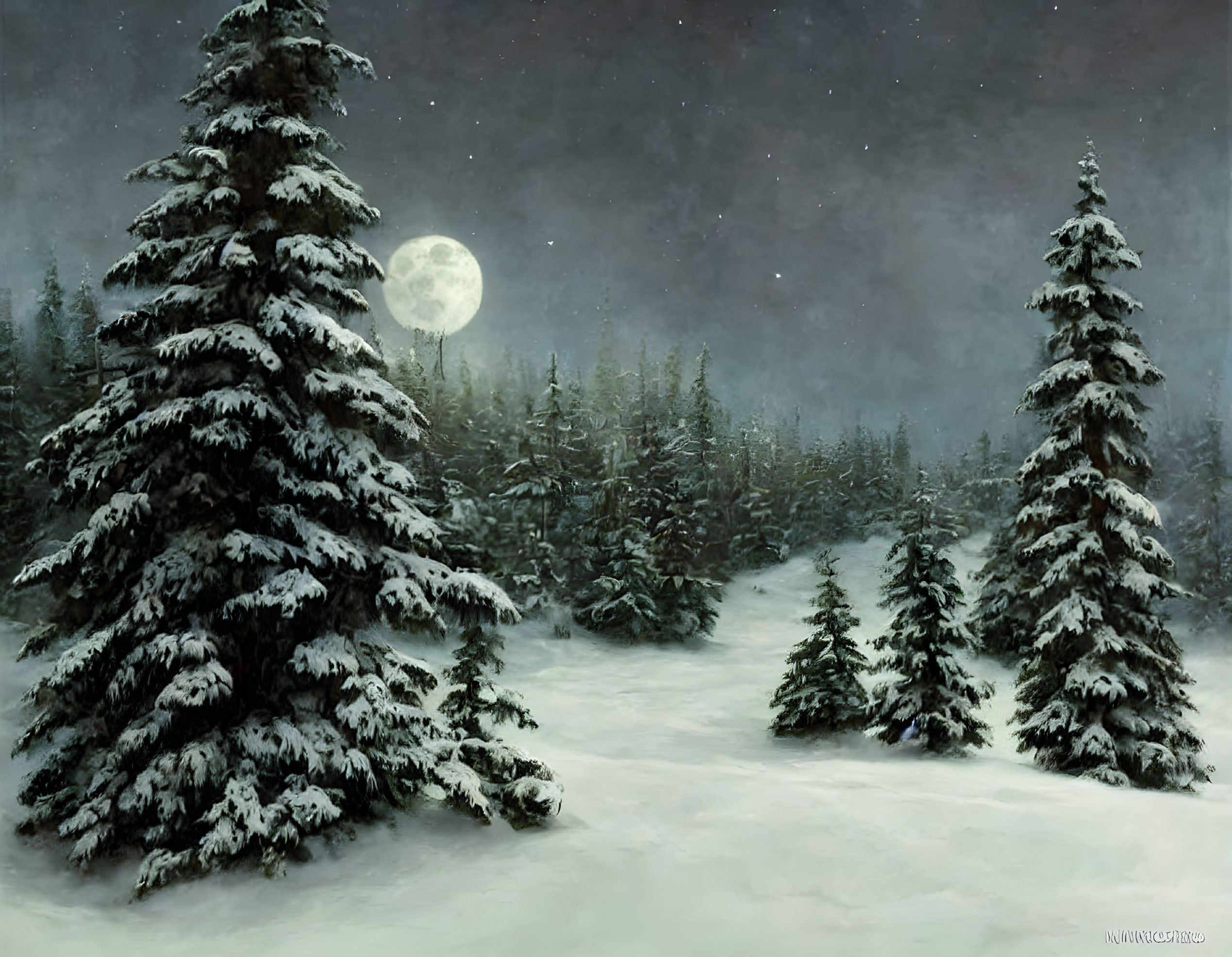 Snow-Covered Pine Trees in Tranquil Winter Night