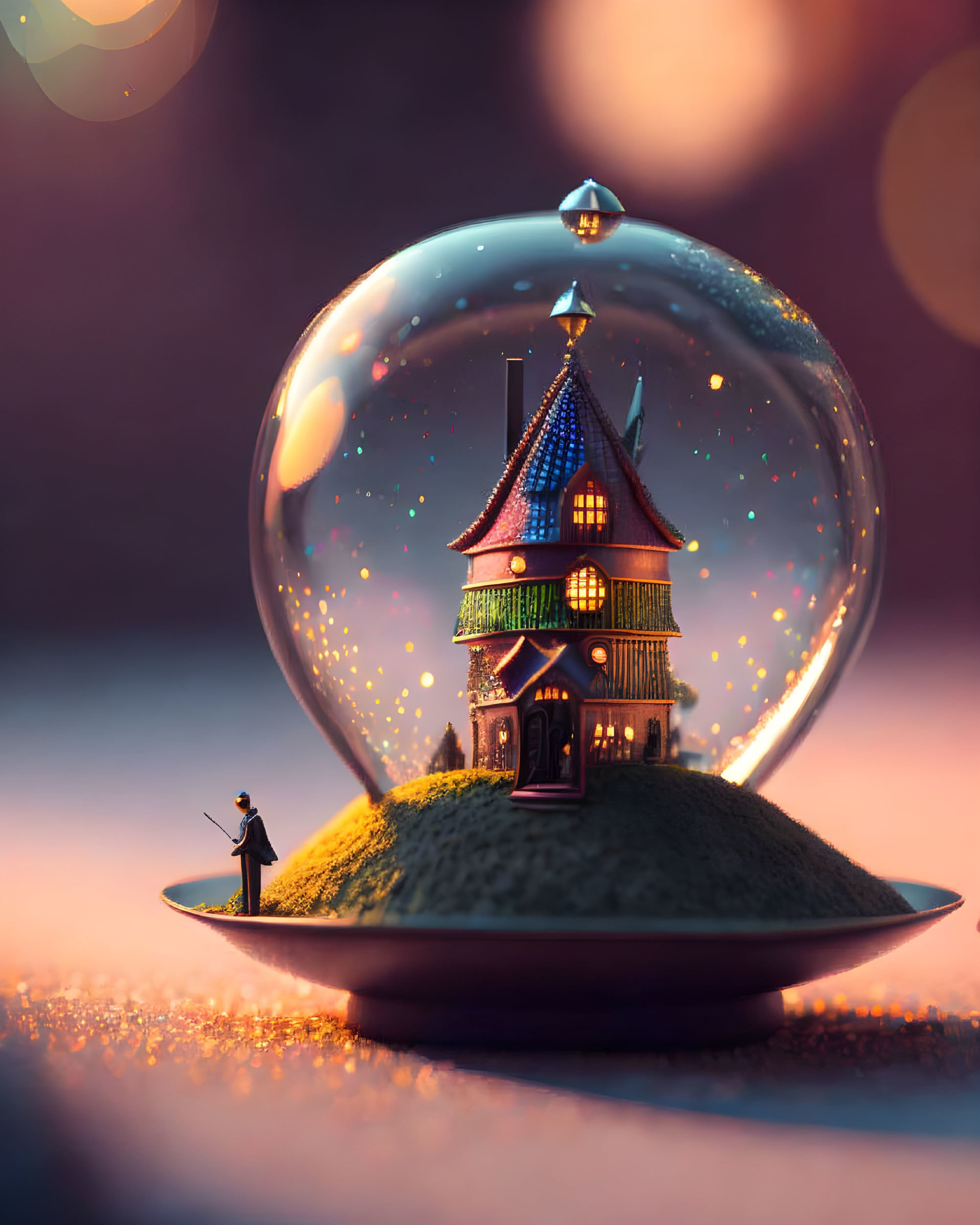 Miniature ornate house in globe with human figure in dreamy backdrop