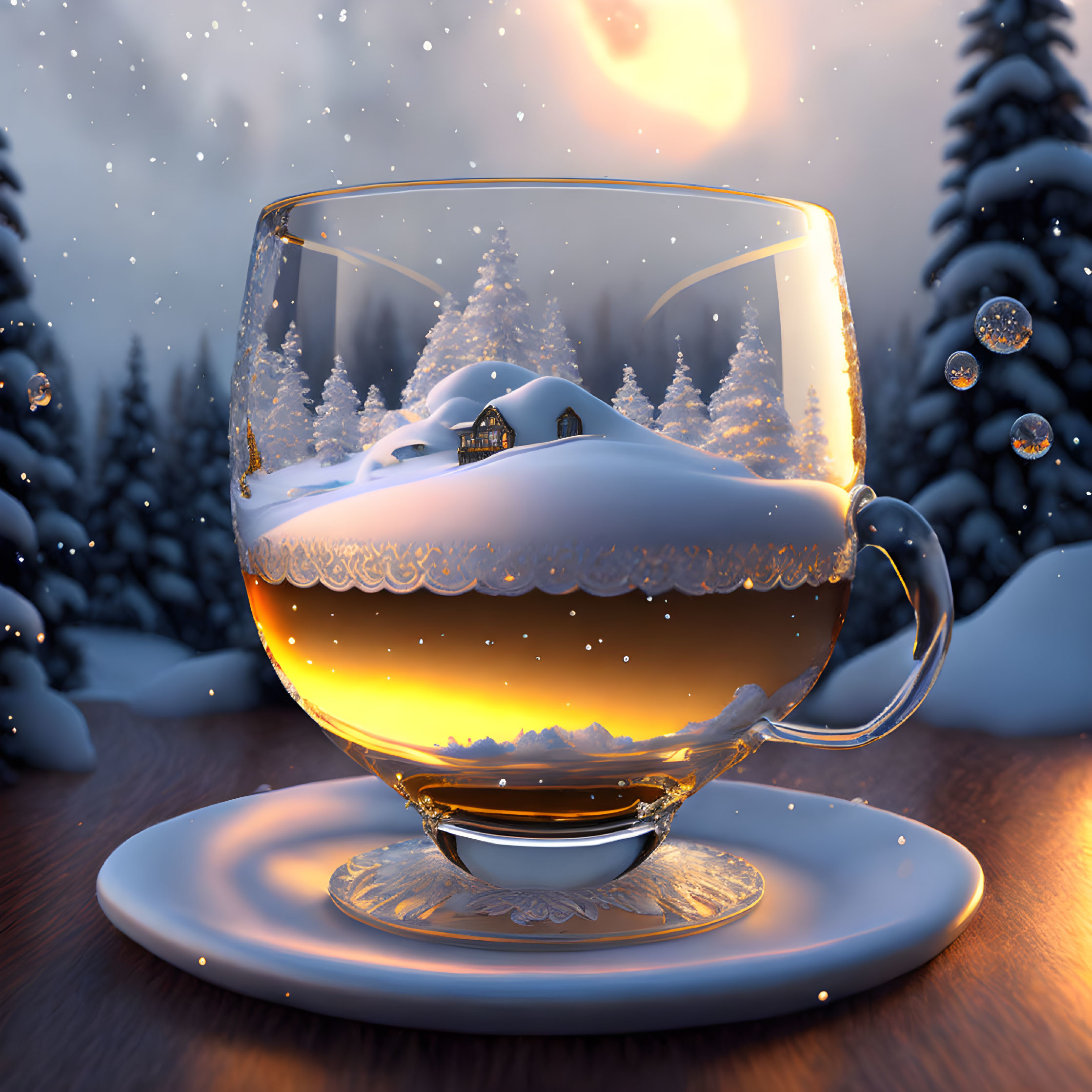 Tea Cup with Snowy Landscape Scene in Winter Dusk