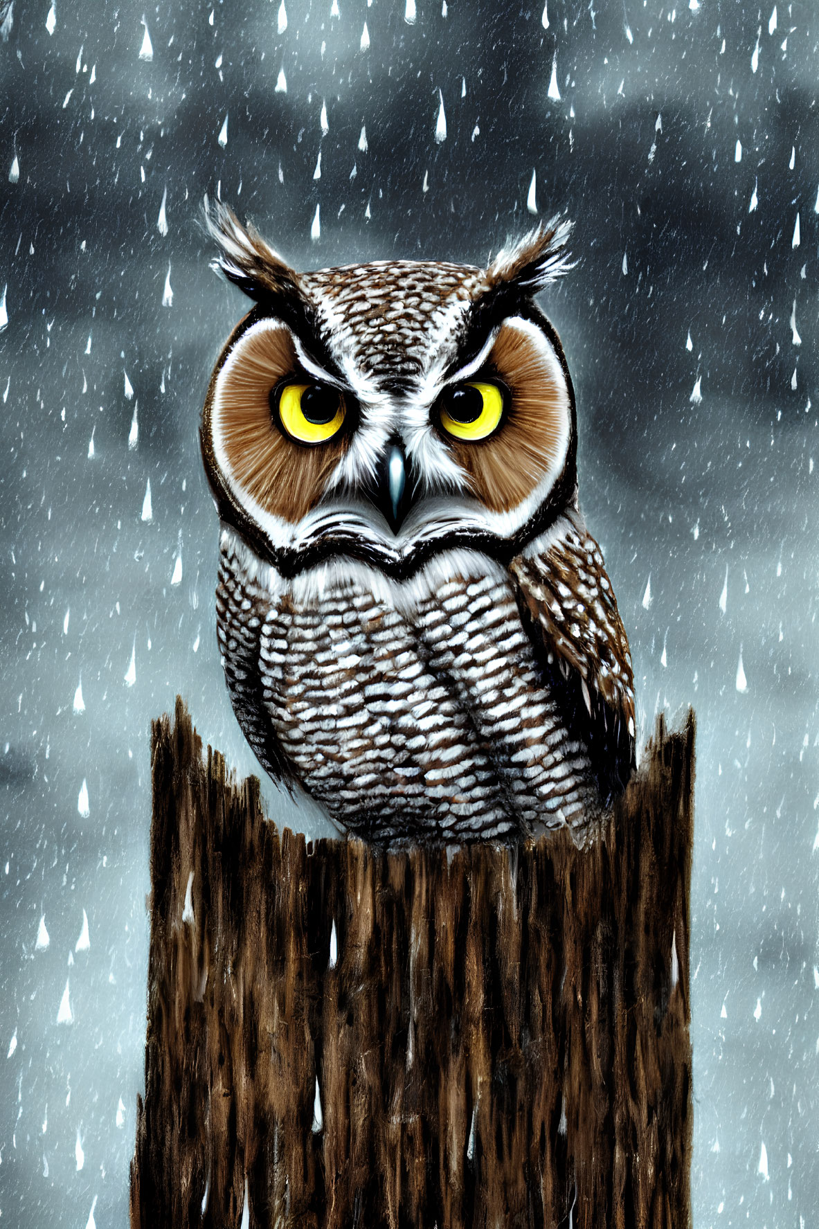 Illustrated owl with yellow eyes on stump in falling snowflakes