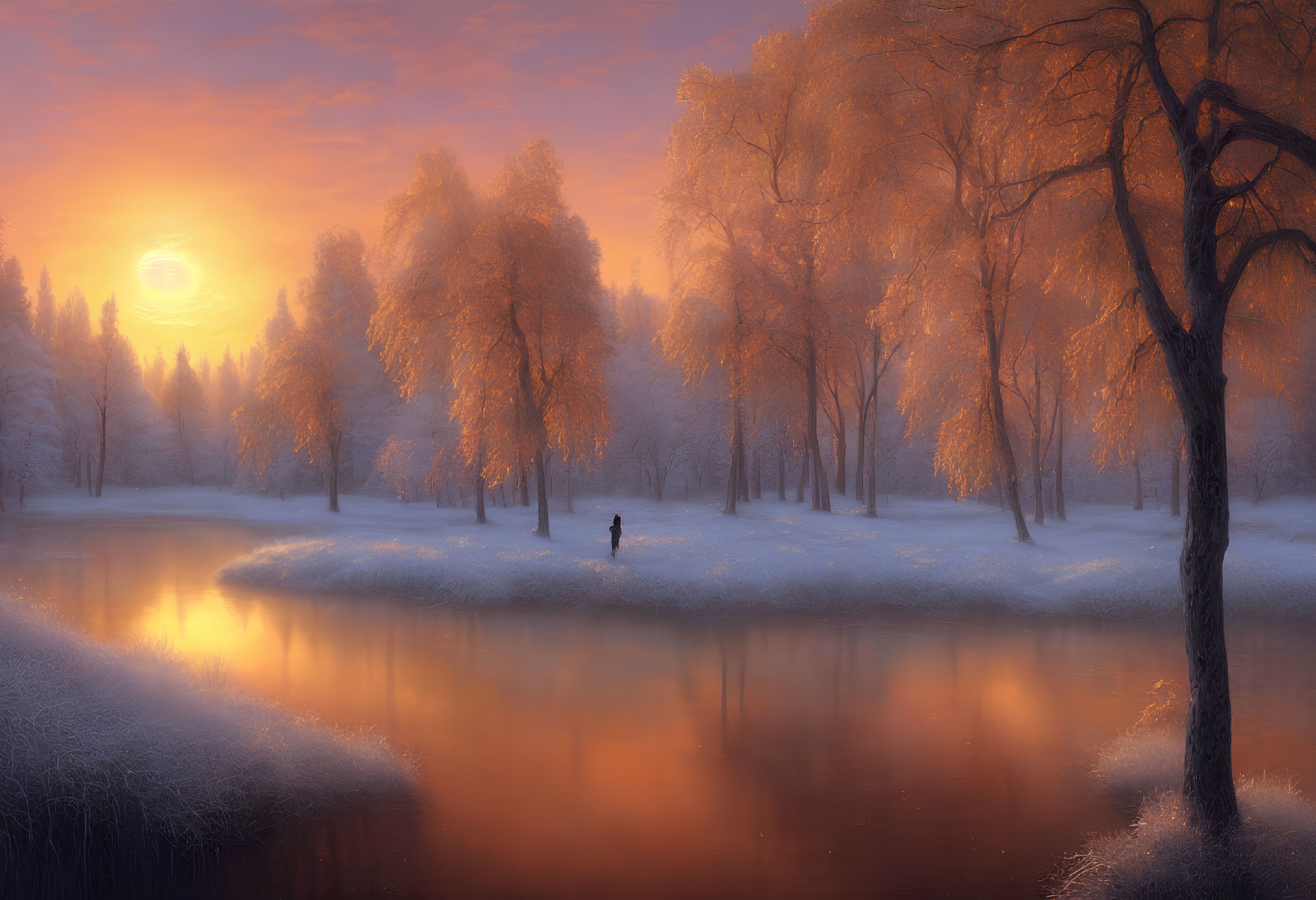 Snowy Sunset Scene: Person Walking by River in Winter Landscape