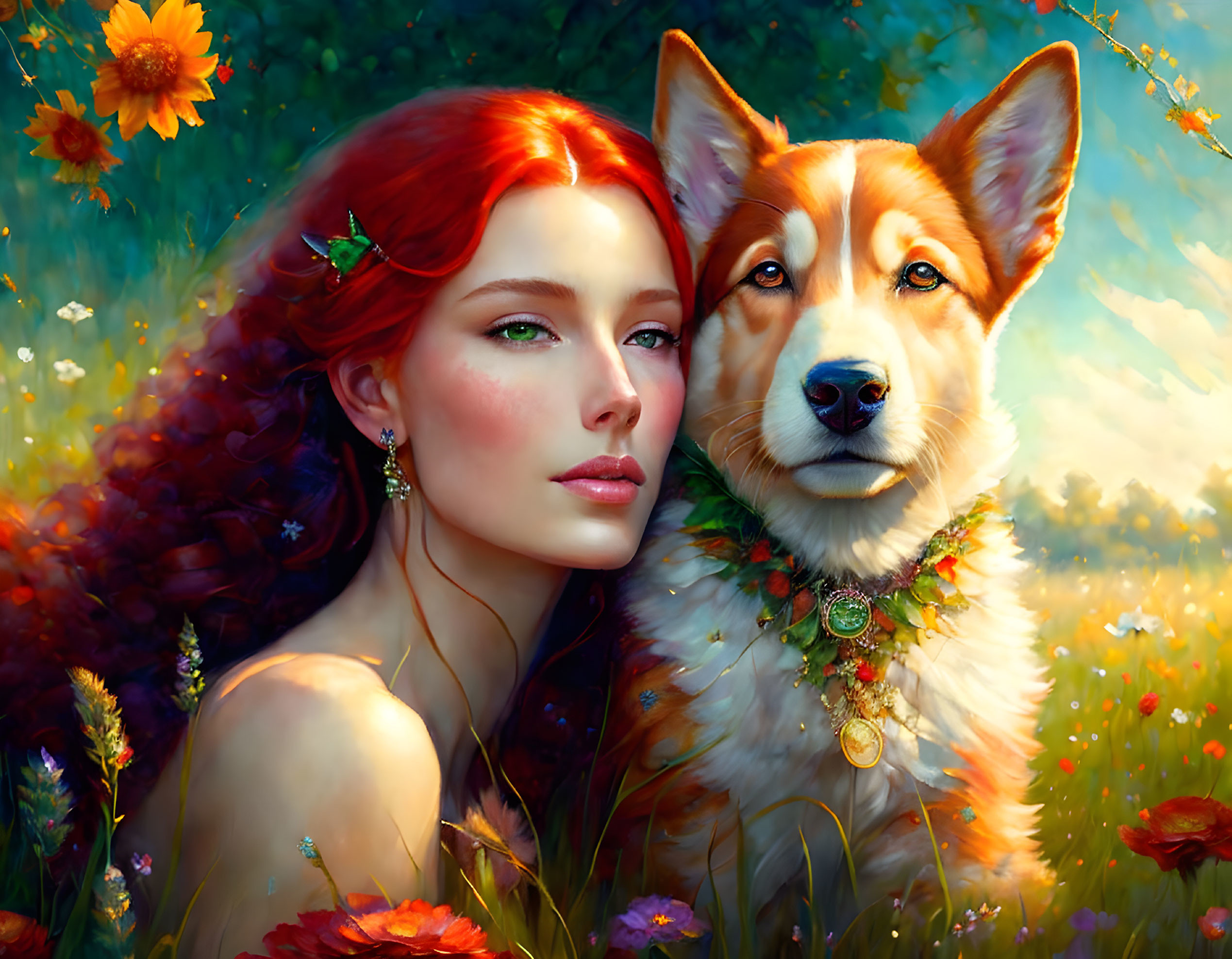 Red-haired woman and Corgi dog surrounded by colorful flowers in mystical scene