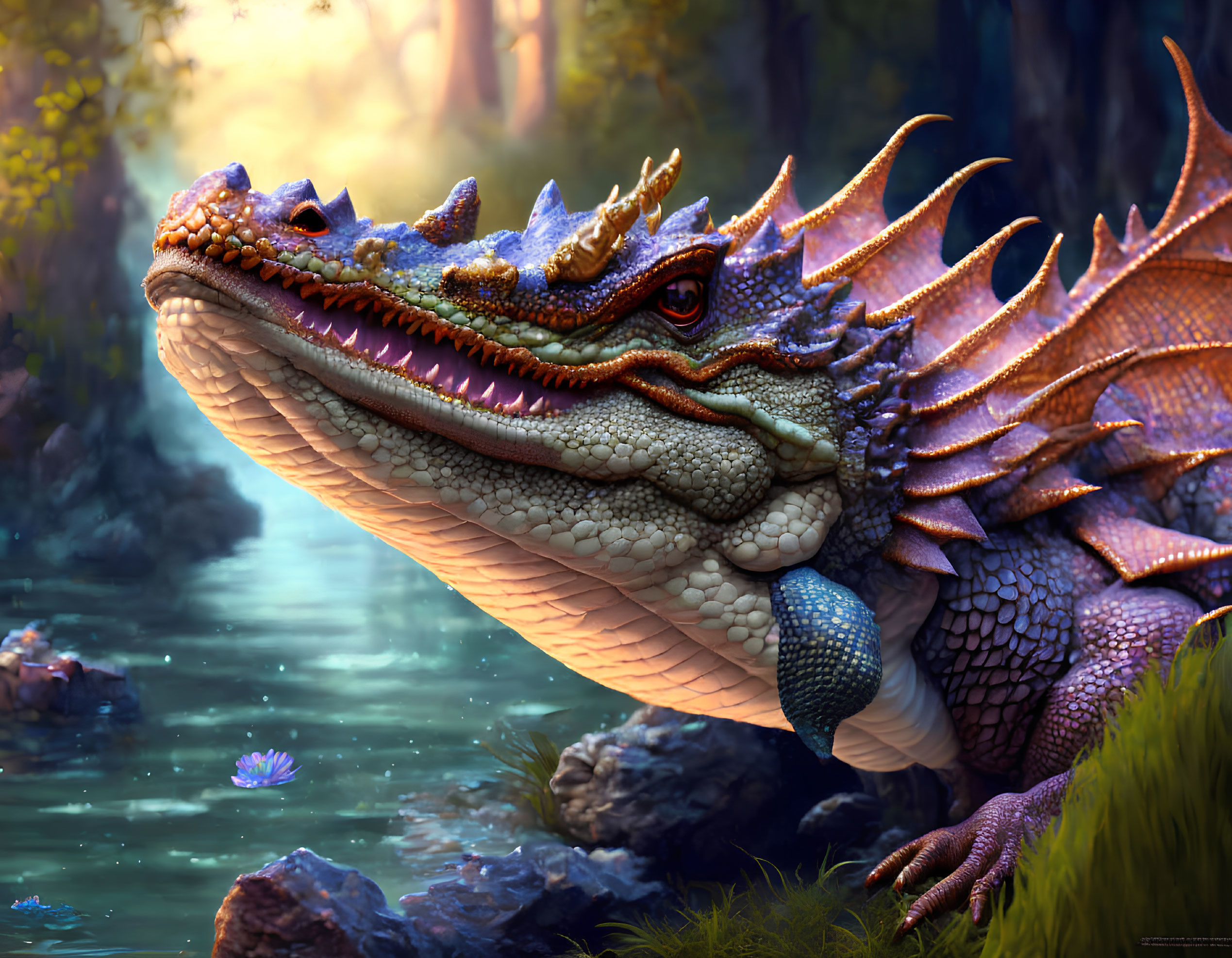 Majestic dragon with spiked scales by tranquil forest stream