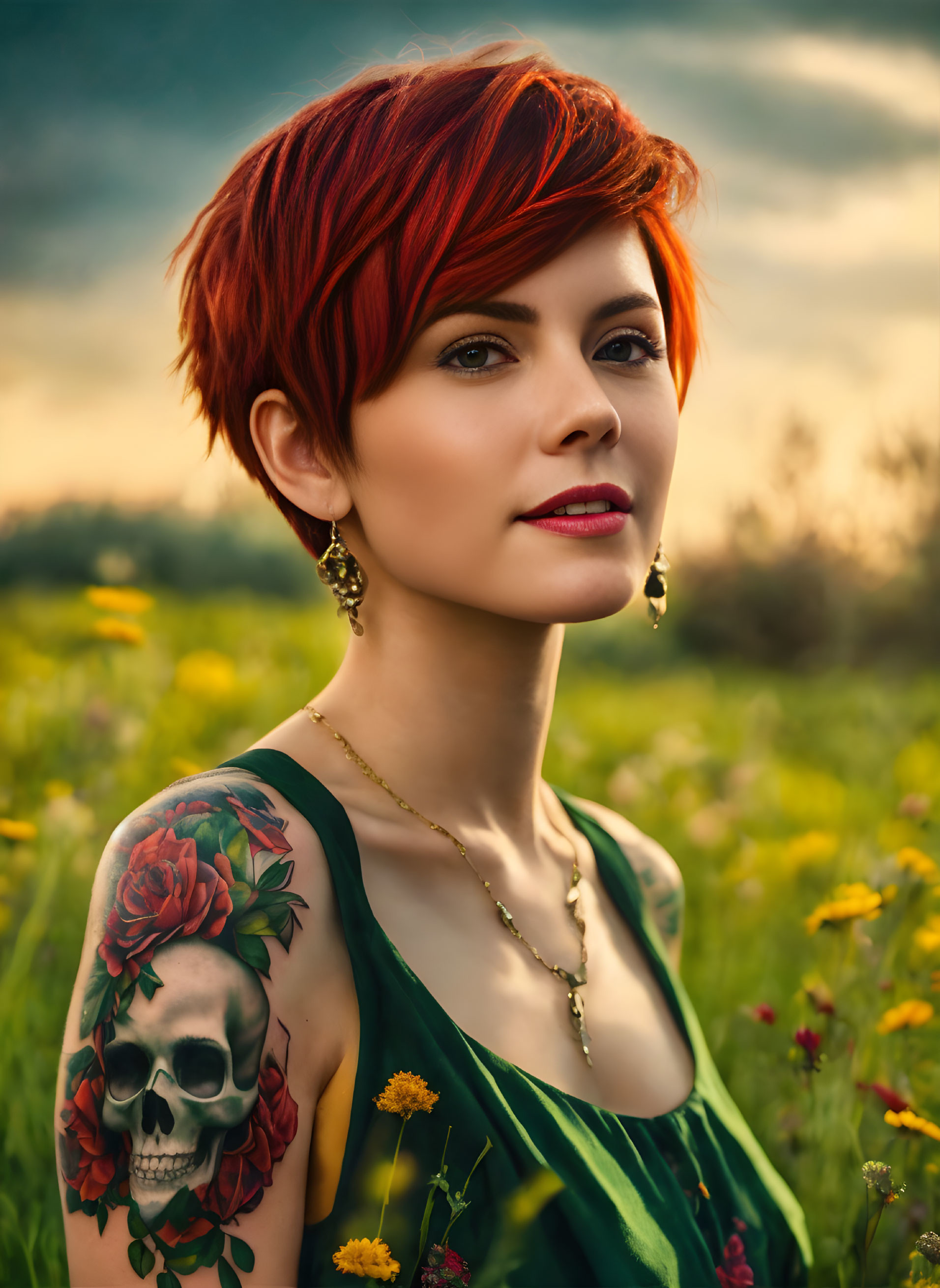 Red-haired woman with skull tattoo in green dress among flowers at dusk