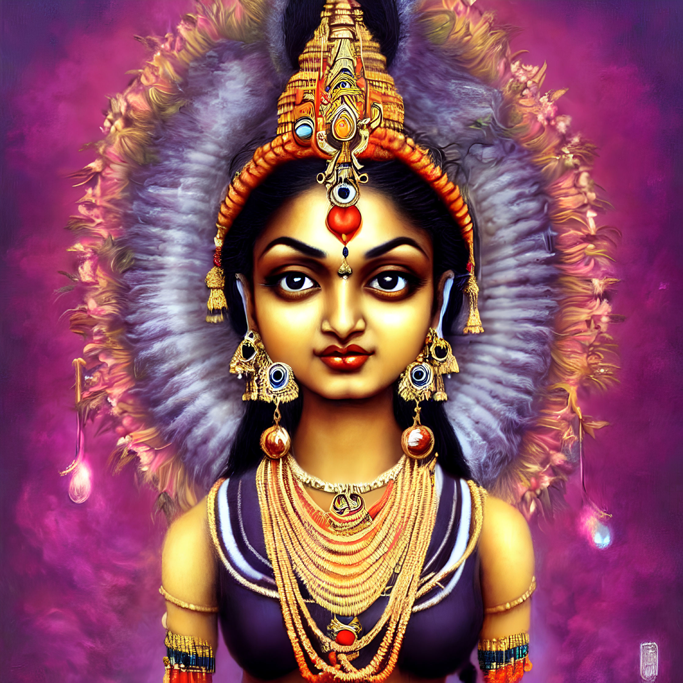 Digital artwork of female deity with radiant halo, traditional jewelry, and headdress on purple backdrop