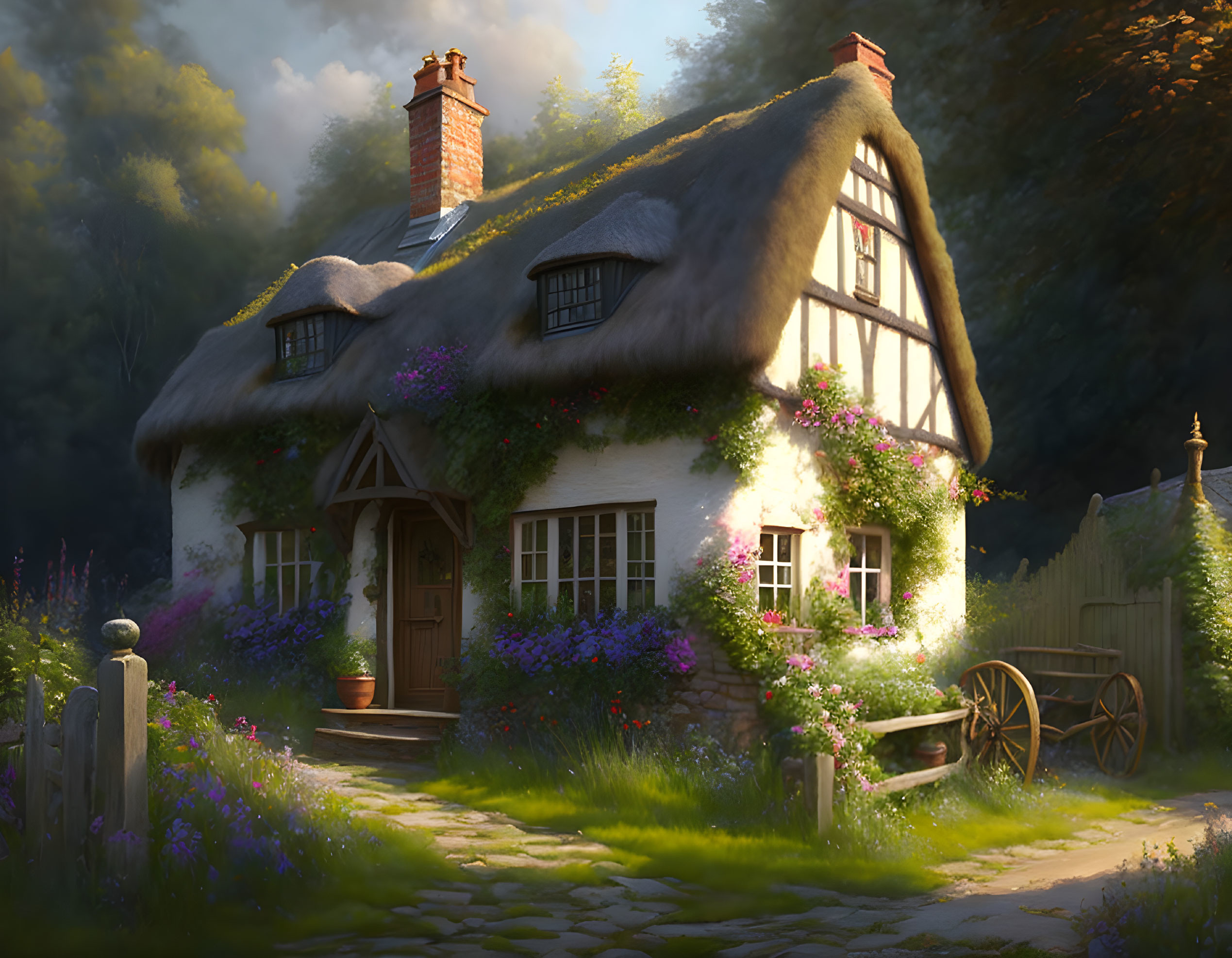 Thatched Cottage with Flowering Vines and Garden Oasis