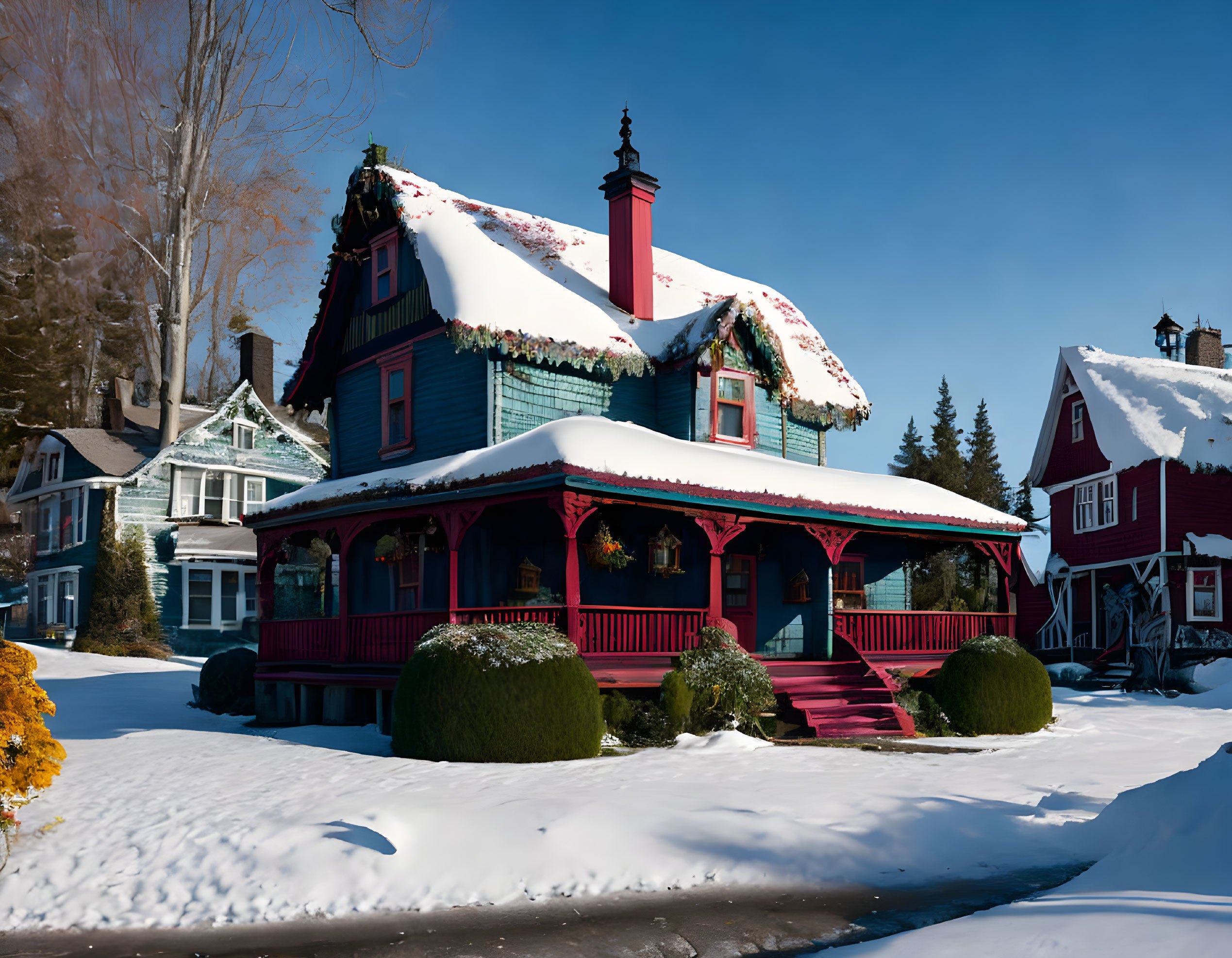 Blue House with Red Porch Decorated for Christmas in Snowy Landscape