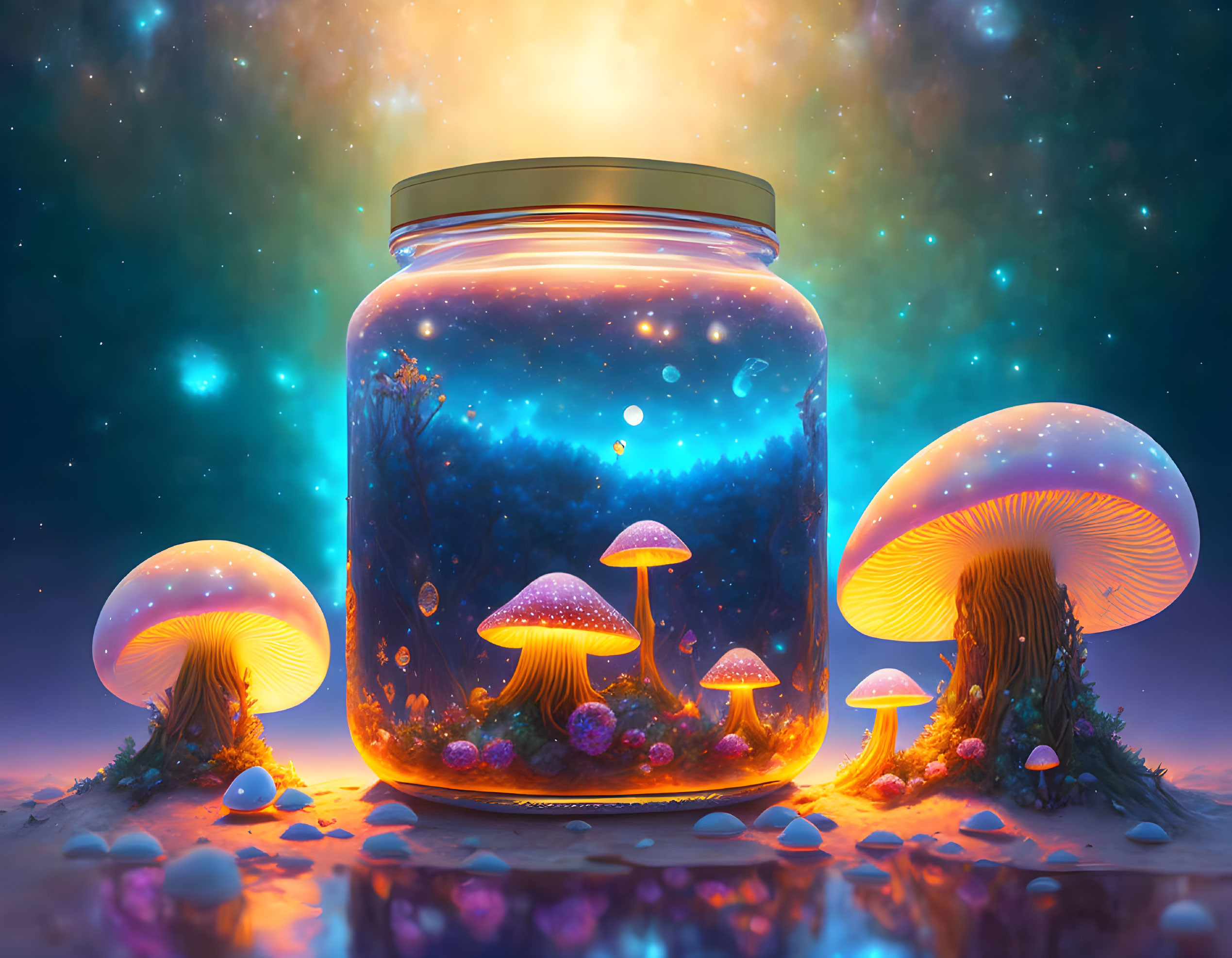 Starry cosmos in luminous jar with glowing mushrooms under night sky