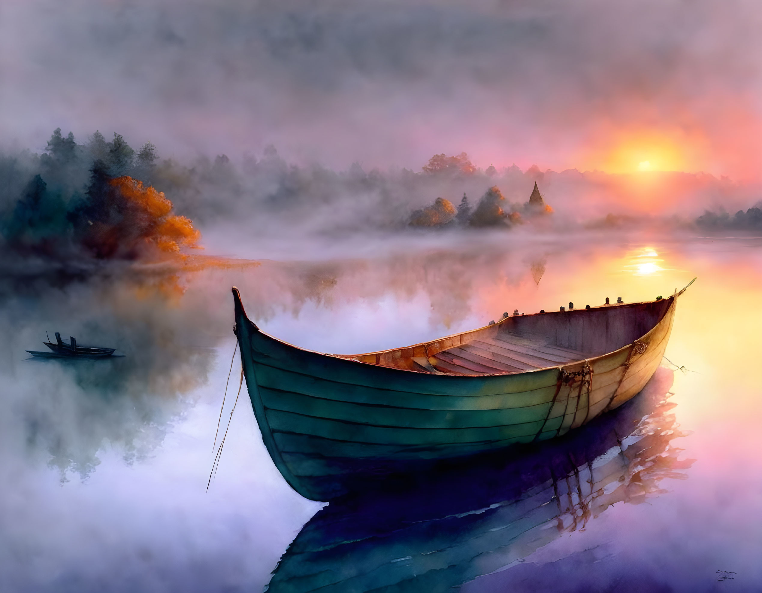 Tranquil watercolor painting of boat on misty lake at sunrise