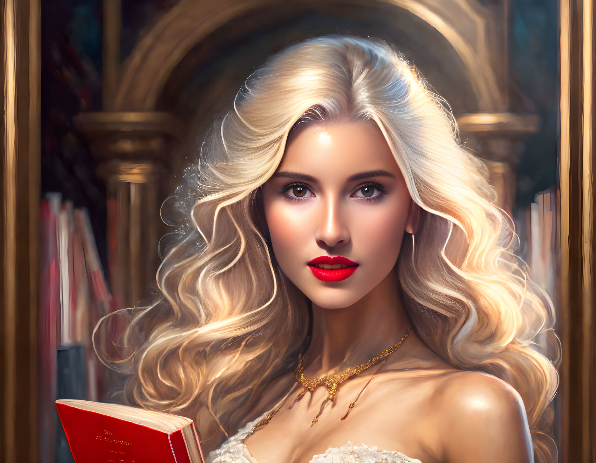 Blonde woman digital art with red book and gold necklace