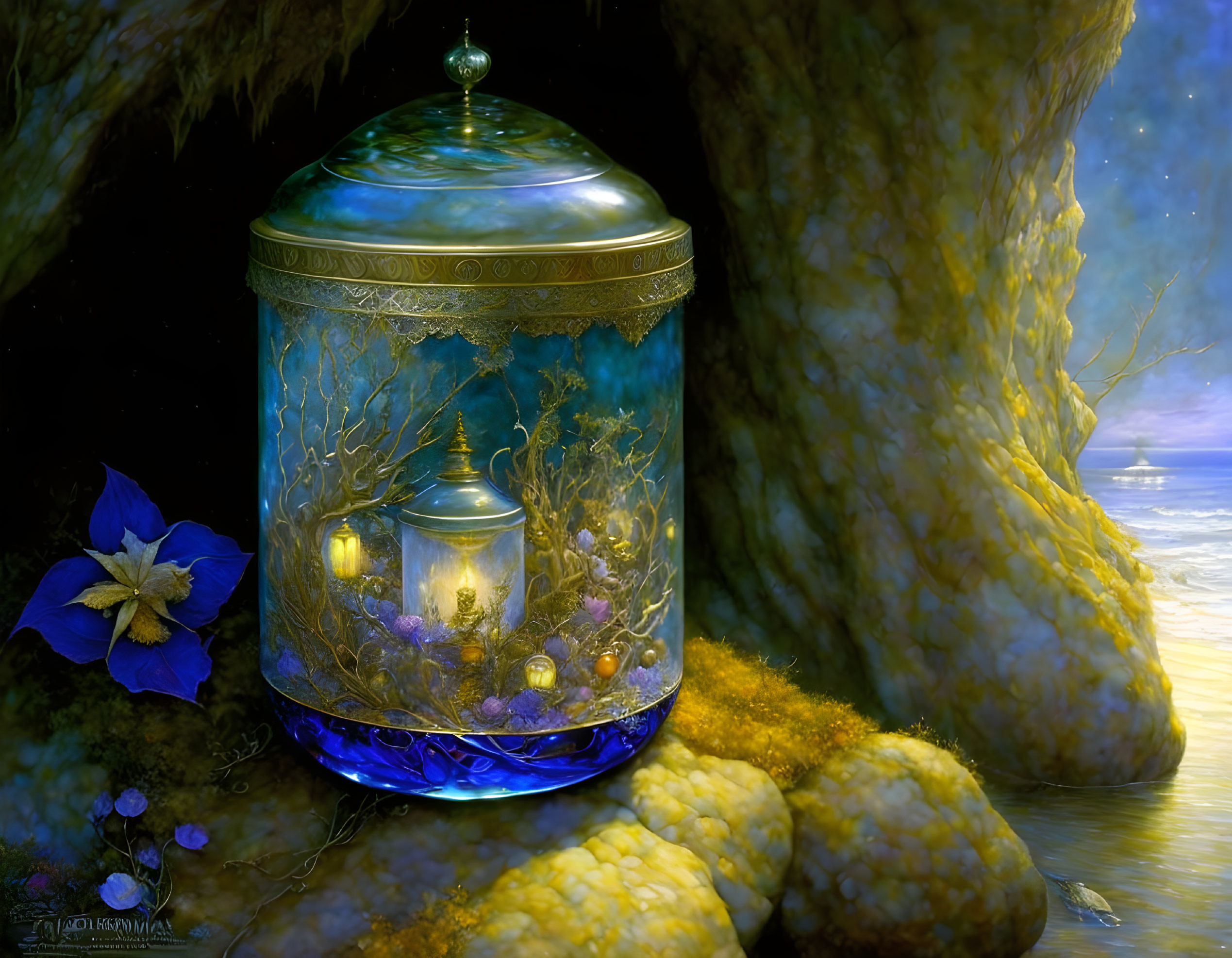 Fantastical image: Glowing lantern in ornate blue glass jar with golden details, mystical tree