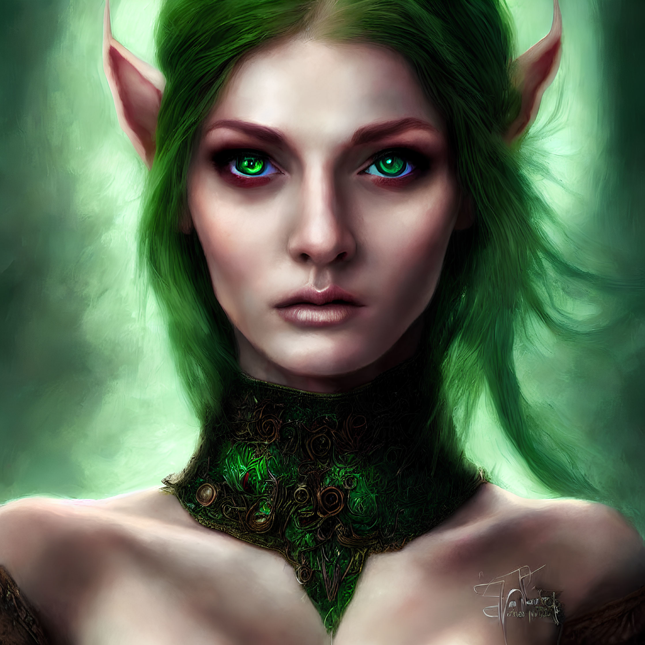 Detailed digital artwork of female elf with green eyes, pointed ears, emerald hair, and green ch