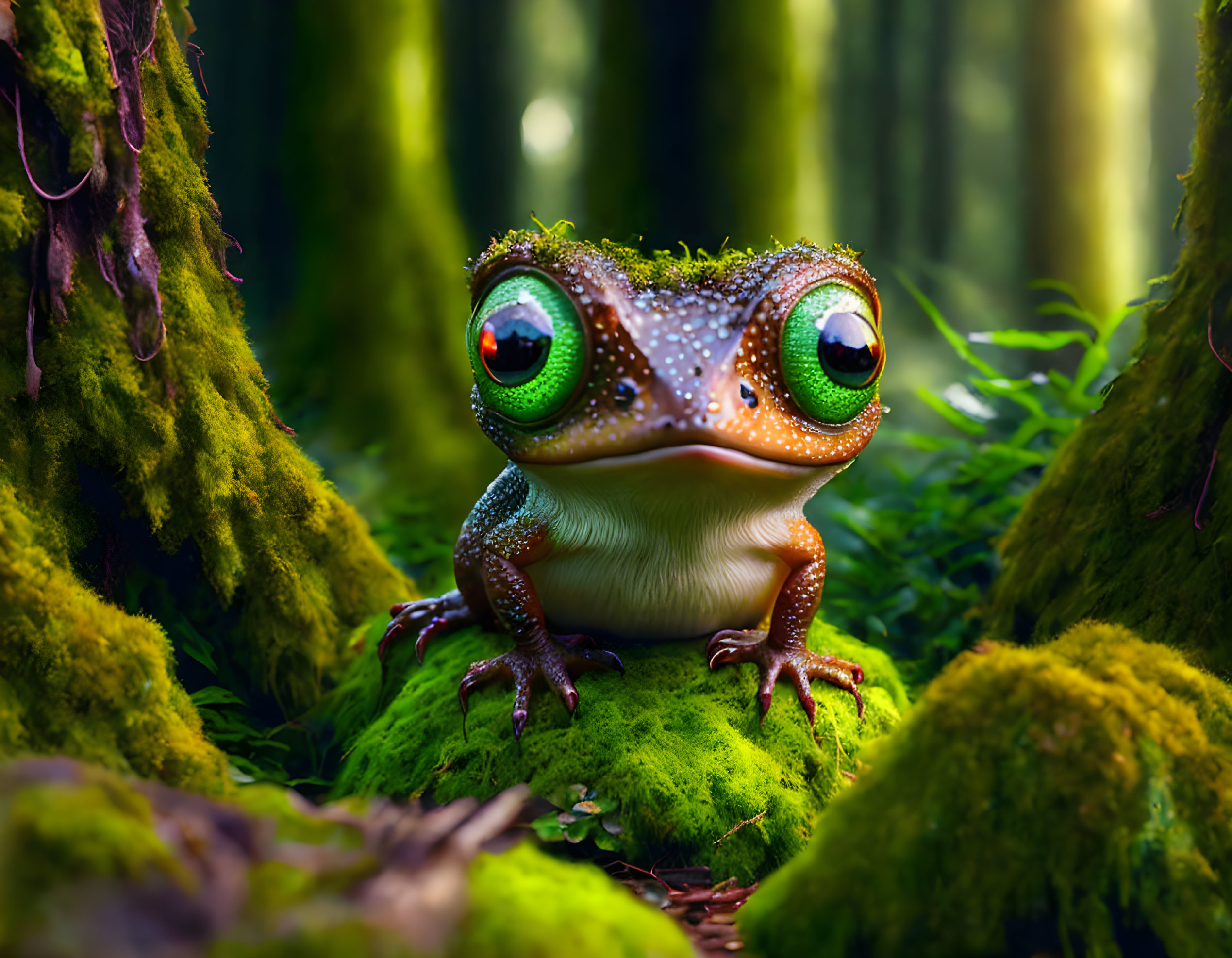 Colorful animated frog with expressive green eyes in lush forest.