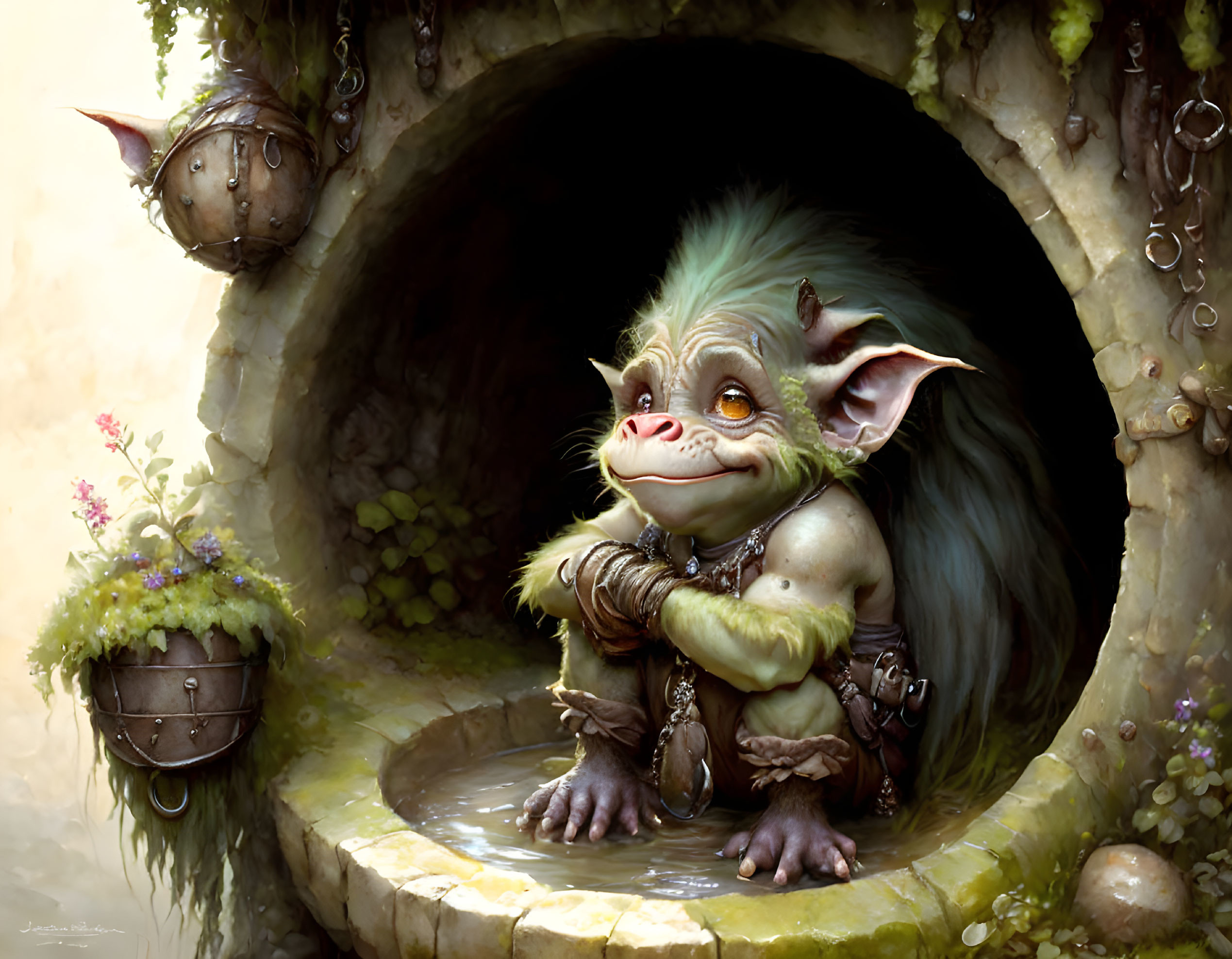 Smiling creature in hollow surrounded by pots and greenery