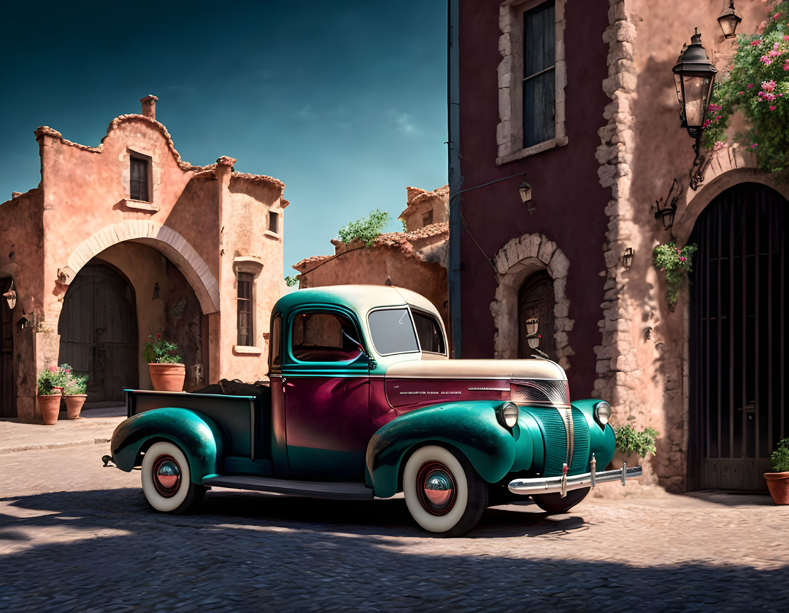 Vintage Teal and Burgundy Pickup Truck in Old European Street