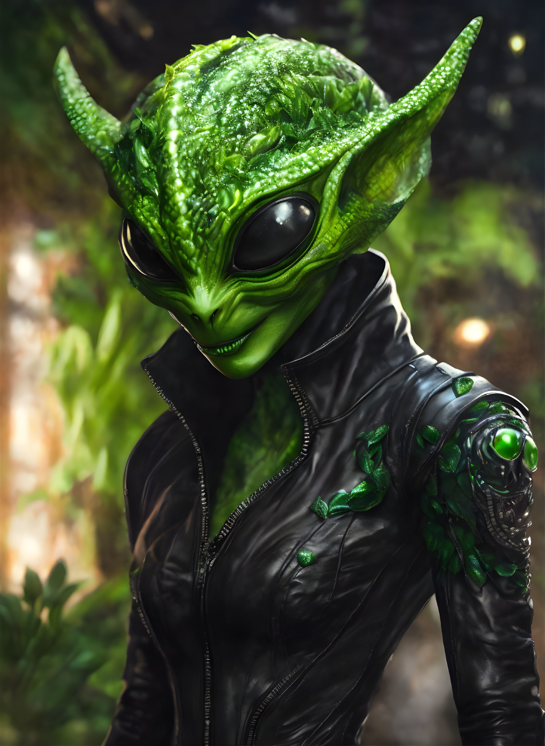 Green-skinned alien in futuristic black jacket against blurred background