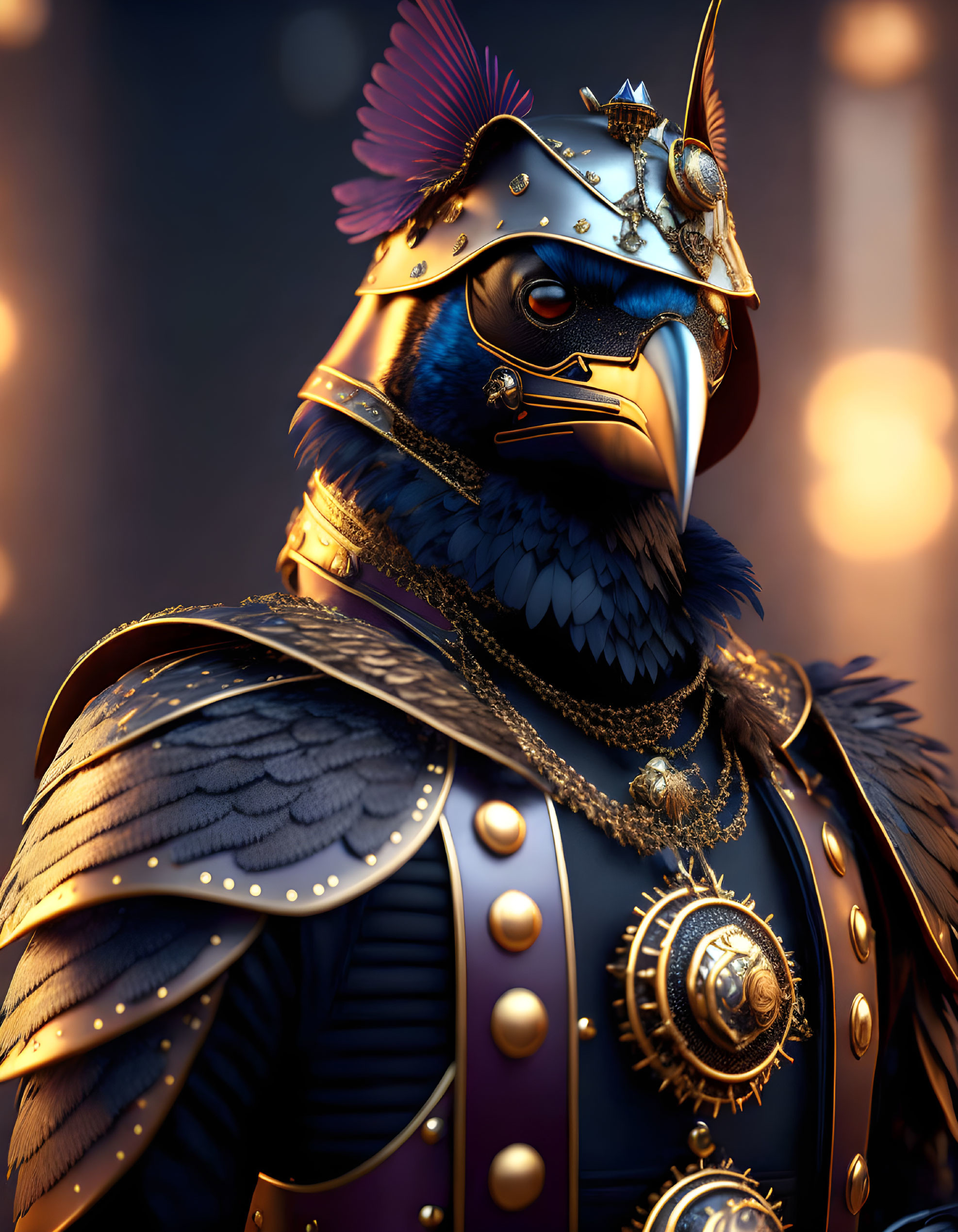 Anthropomorphic bird in ornate medieval armor with gold accents and plumed helmet.