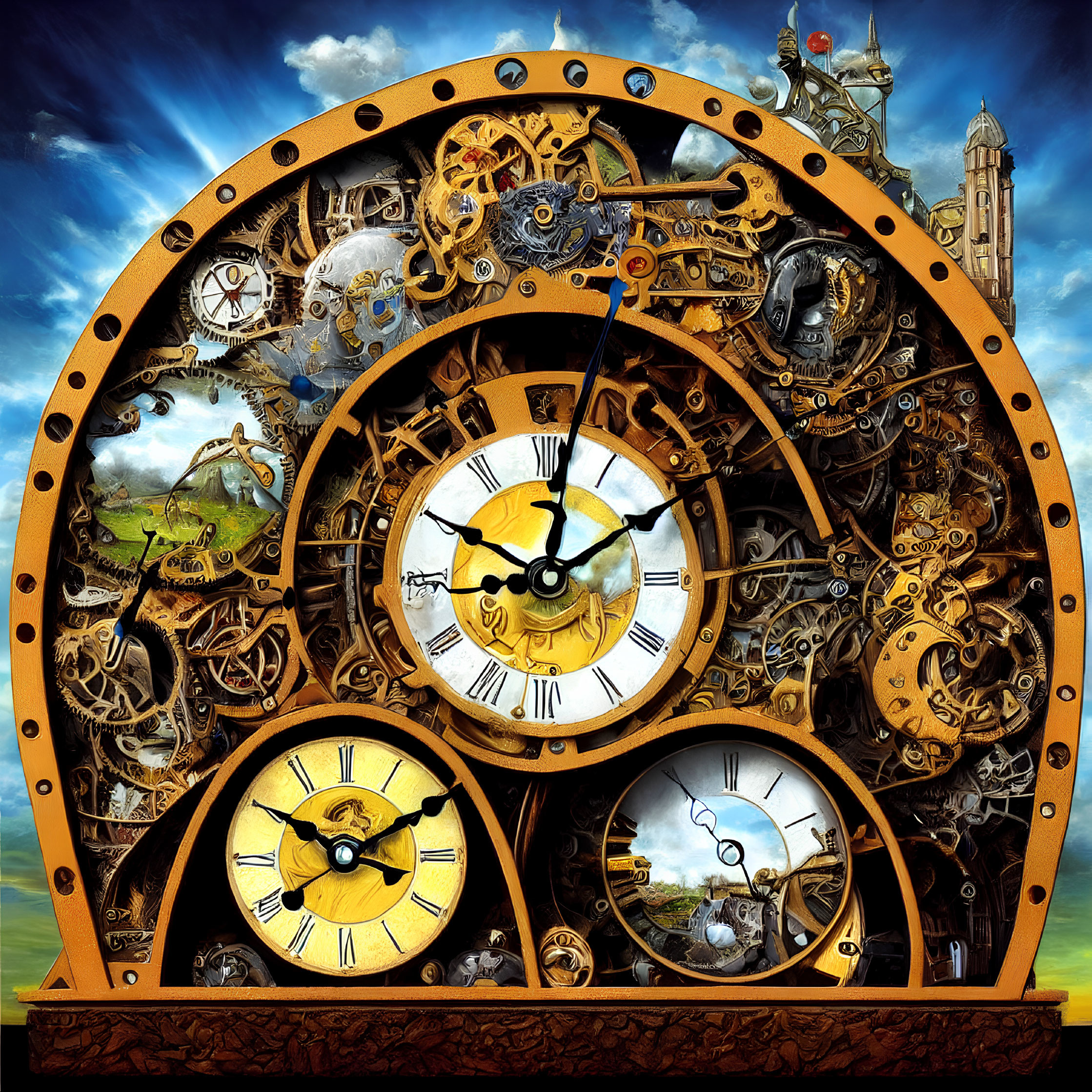 Steampunk clock with gears and dials against blue sky