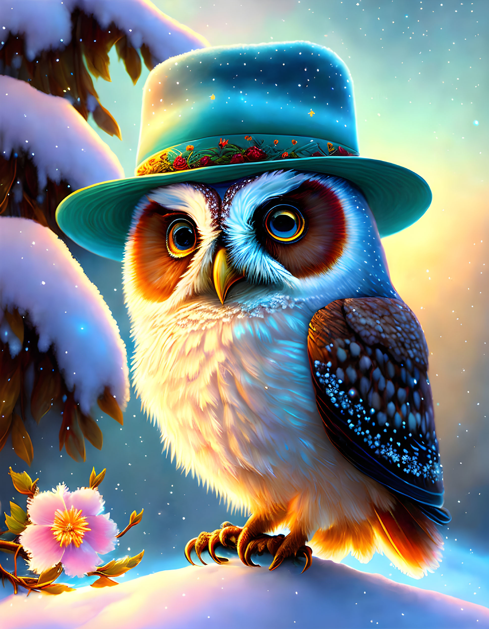 Colorful Owl Illustration on Branch with Blue Hat in Twilight Sky