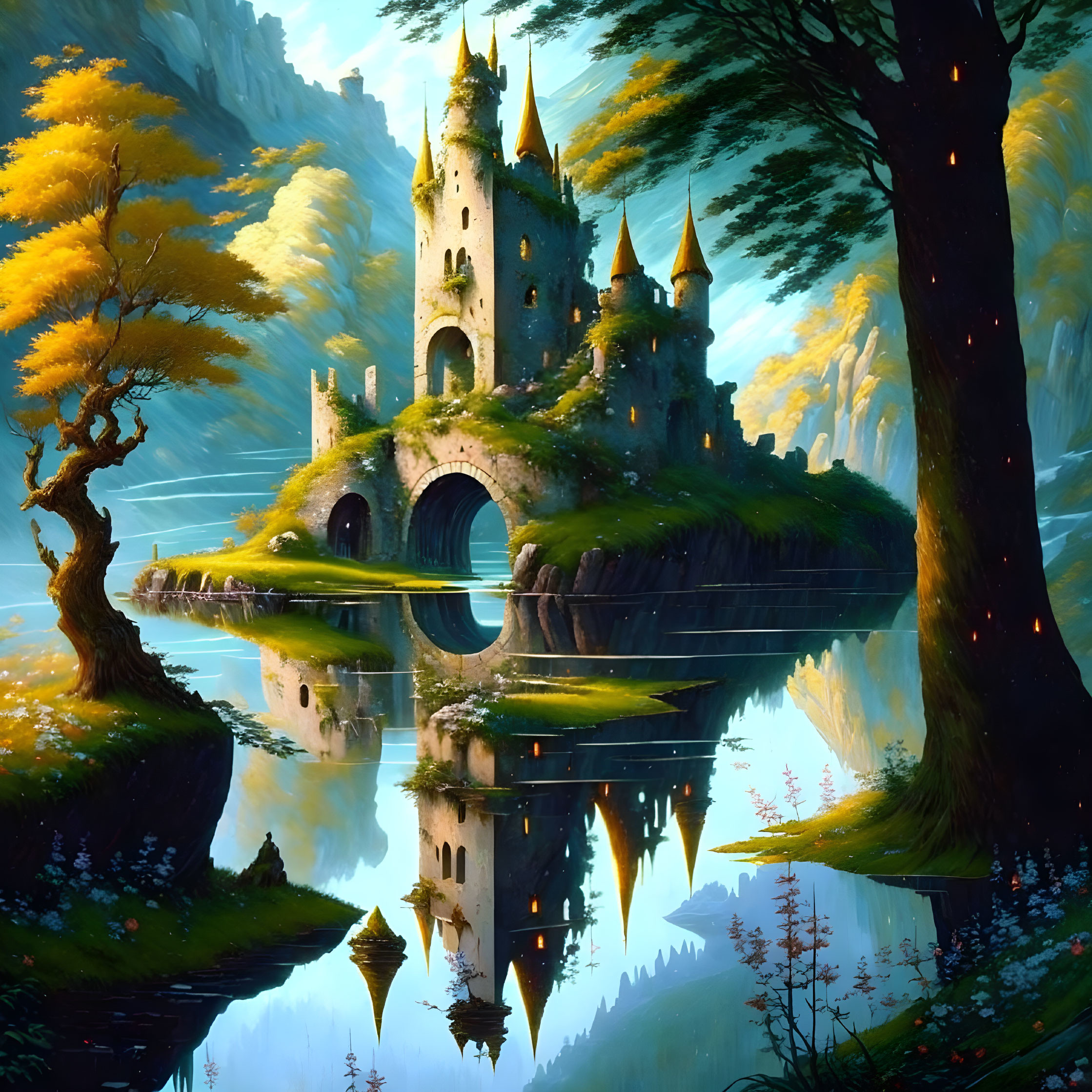 Majestic castle with spires amidst autumnal trees and serene lake reflection.