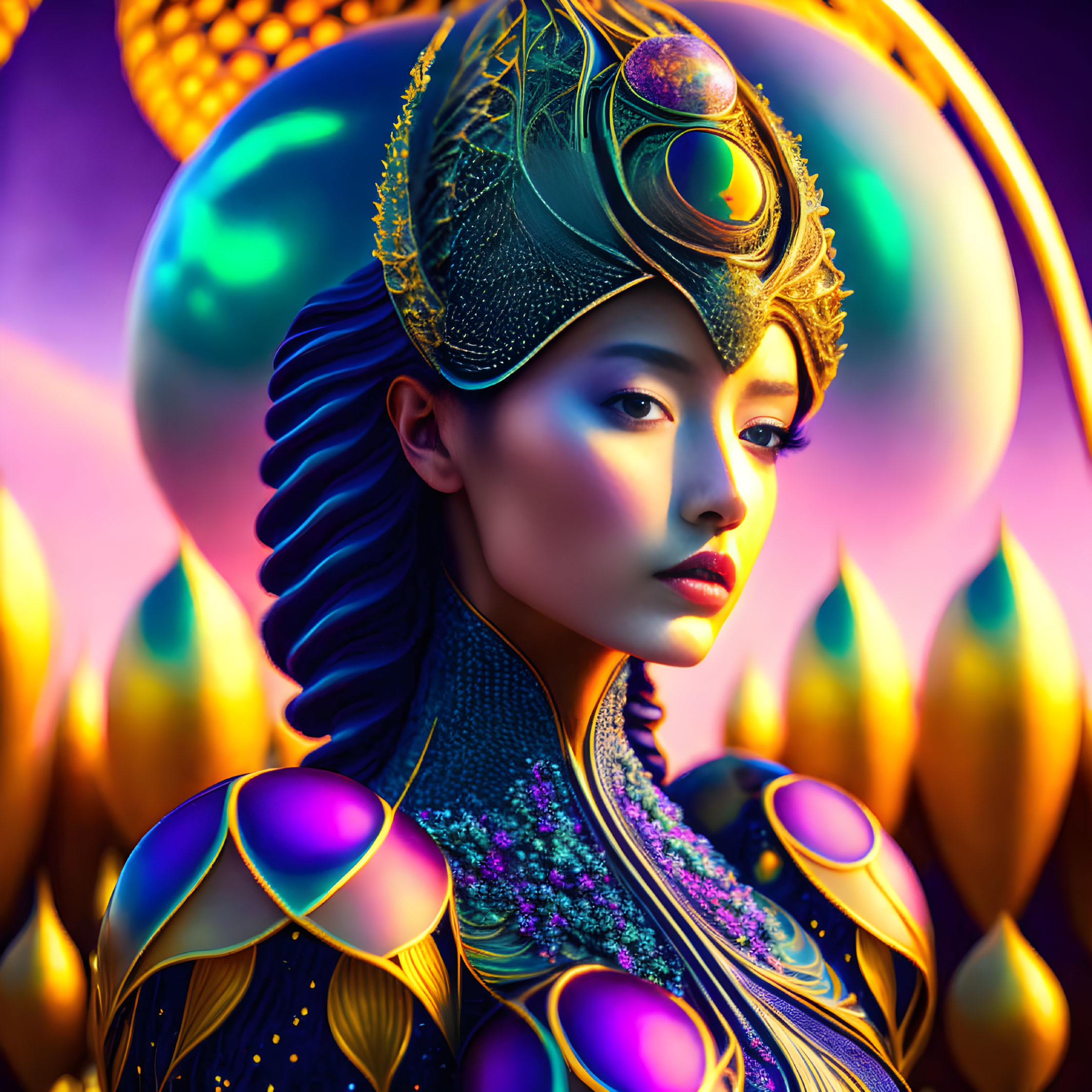 Colorful digital portrait of a woman with golden headdress and intricate attire against a fantastical backdrop