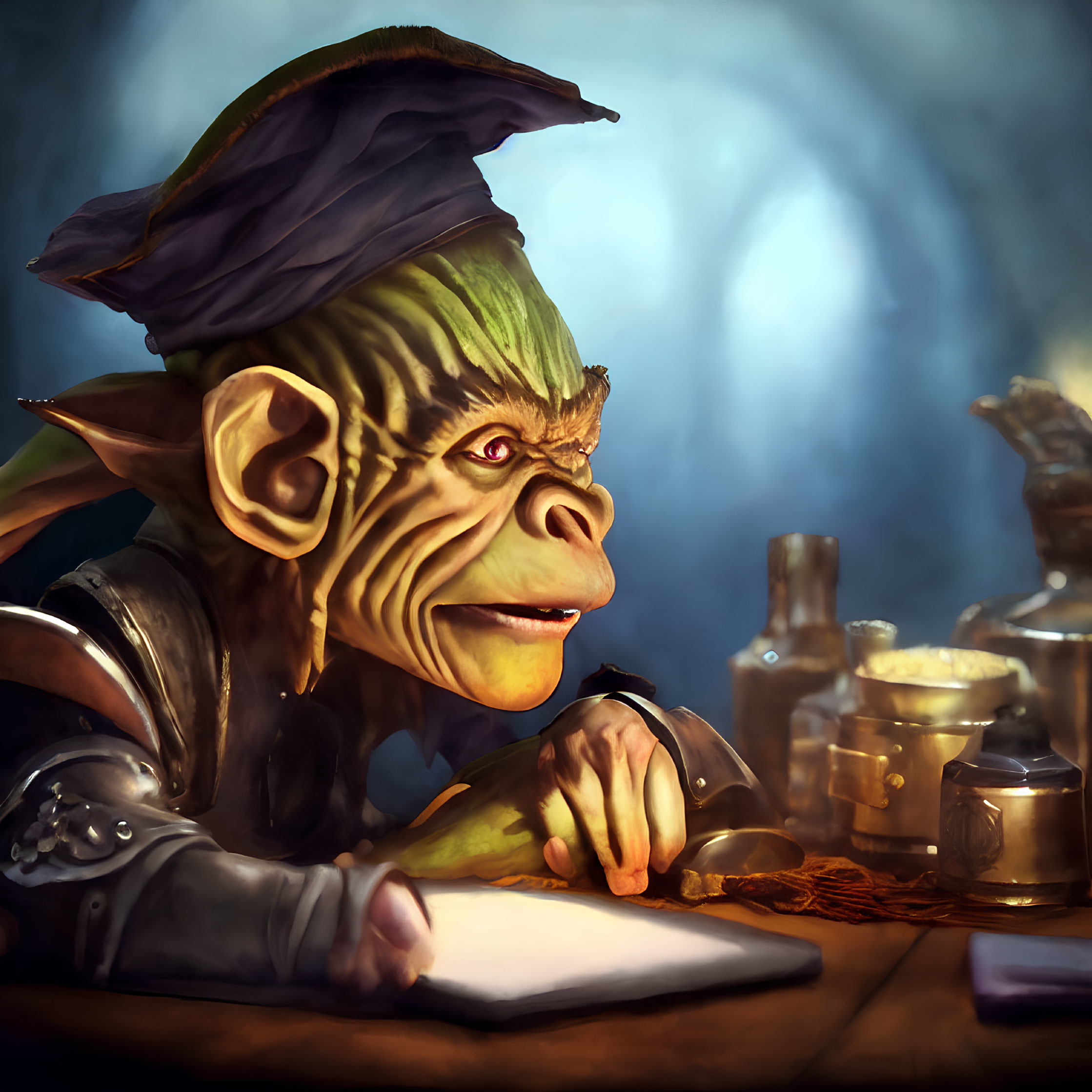 Fantasy illustration of green goblin wizard reading book