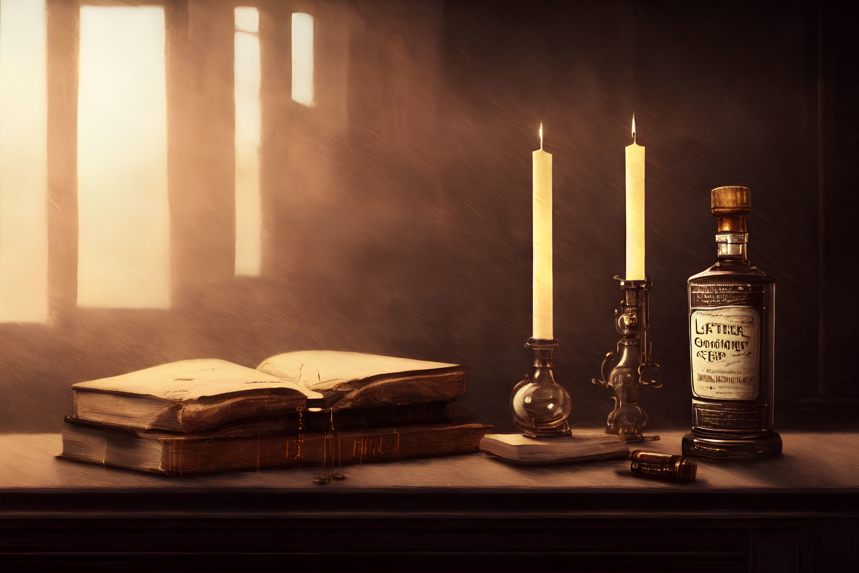 Vintage book, candle, oil lamp, and bottle in warm sunlight glow