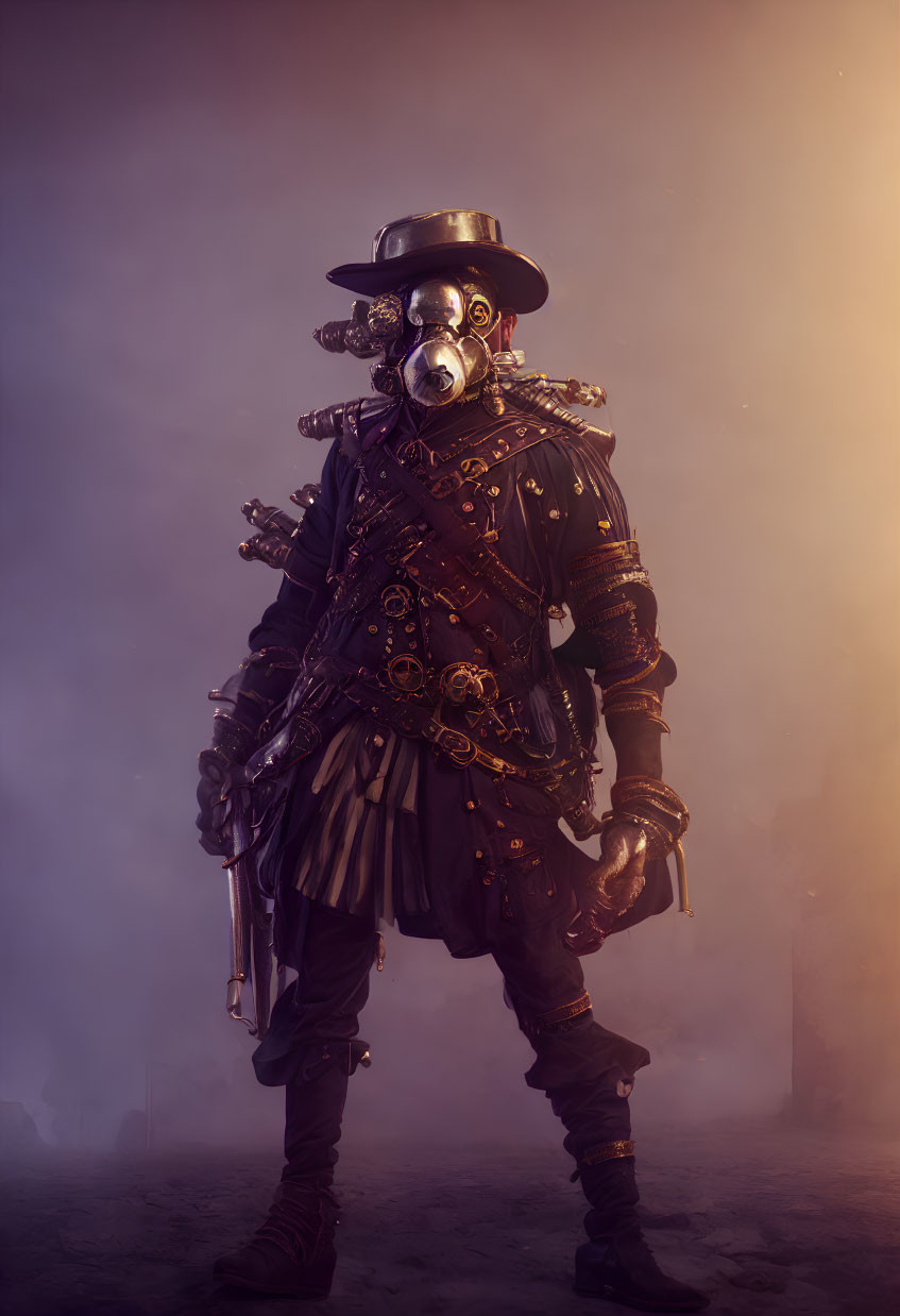 Steampunk-themed person with top hat, goggles, plague doctor mask, gears, and bag